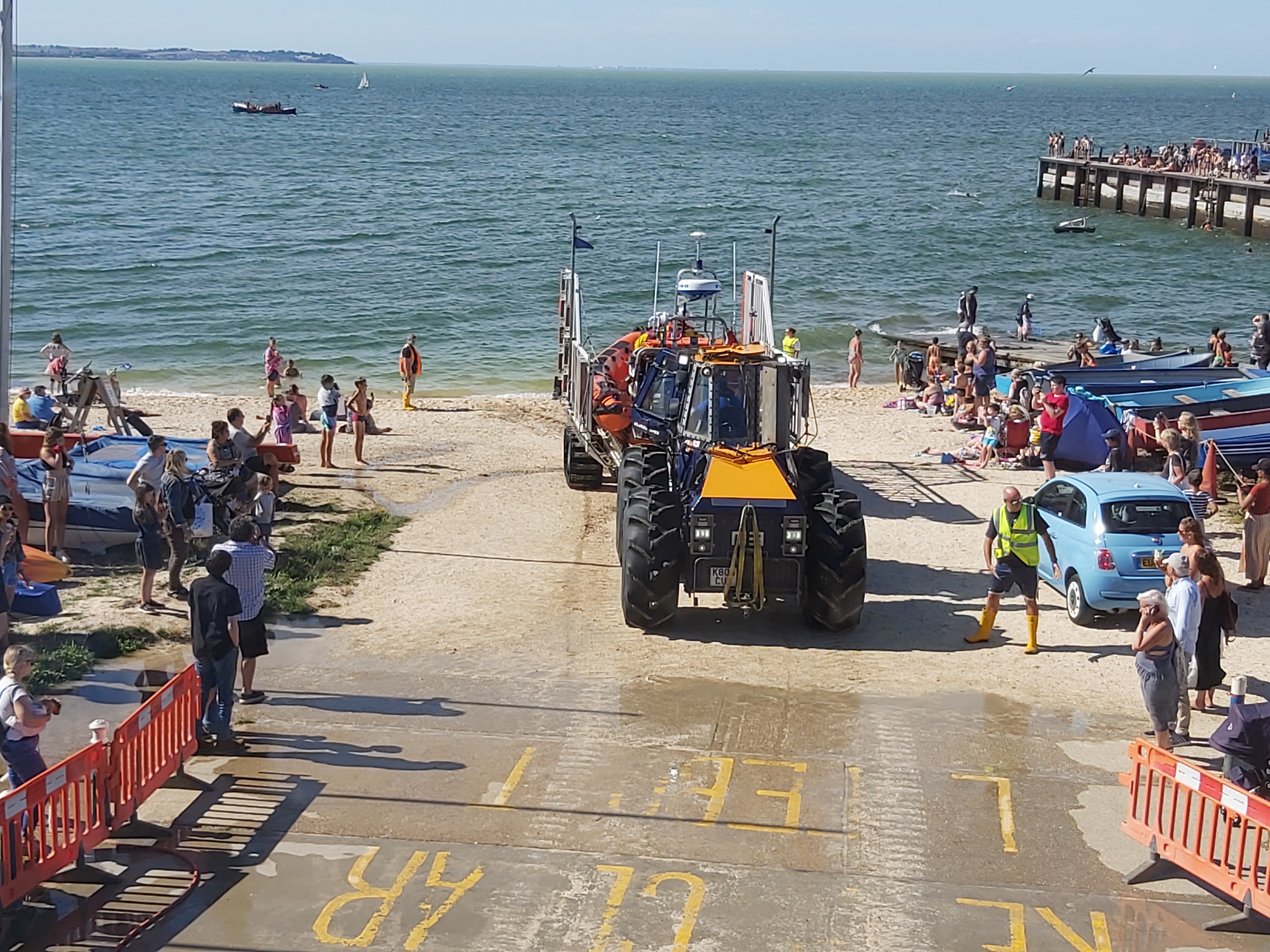 The Whitstable Atlantic 85 lifeboat launching to a diinghy in difficulties off Leysdown, Isle of Sheppey on Thursday afternoon.