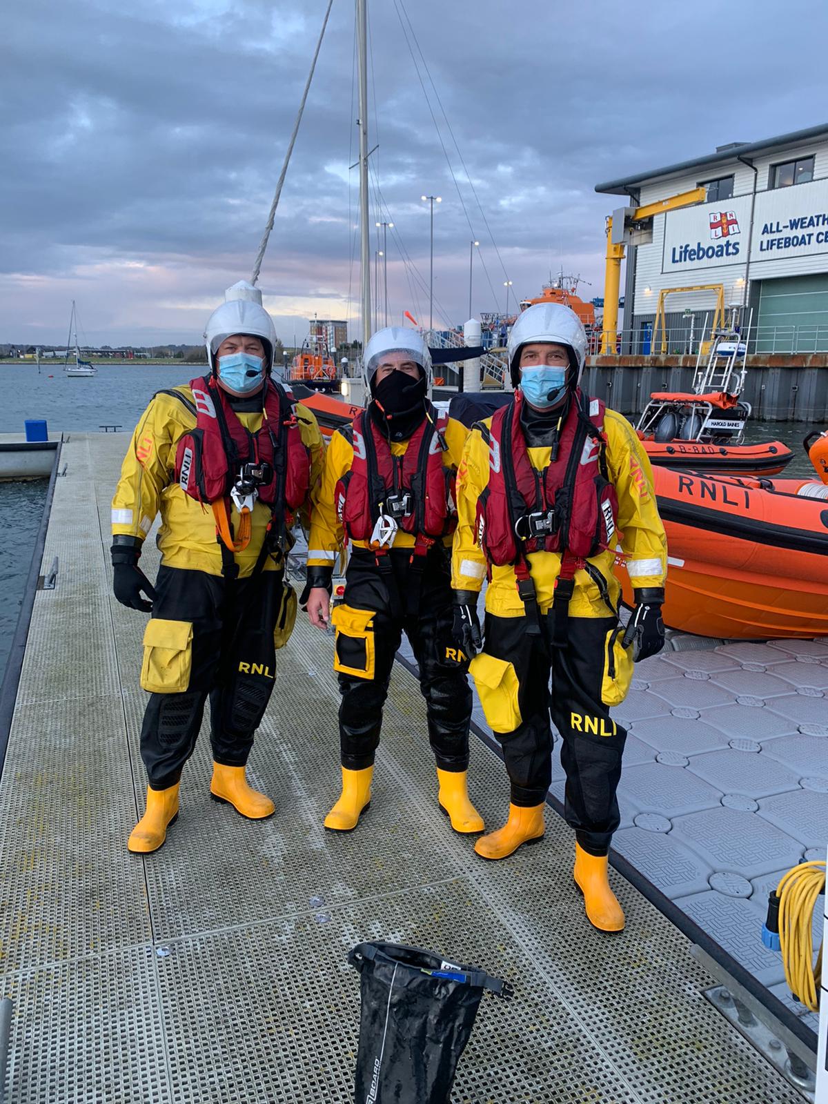 All masked up and ready to go – left to right, Jake Bacon, Paul Weston &amp; crew member Adrian from Flamborough RNLI