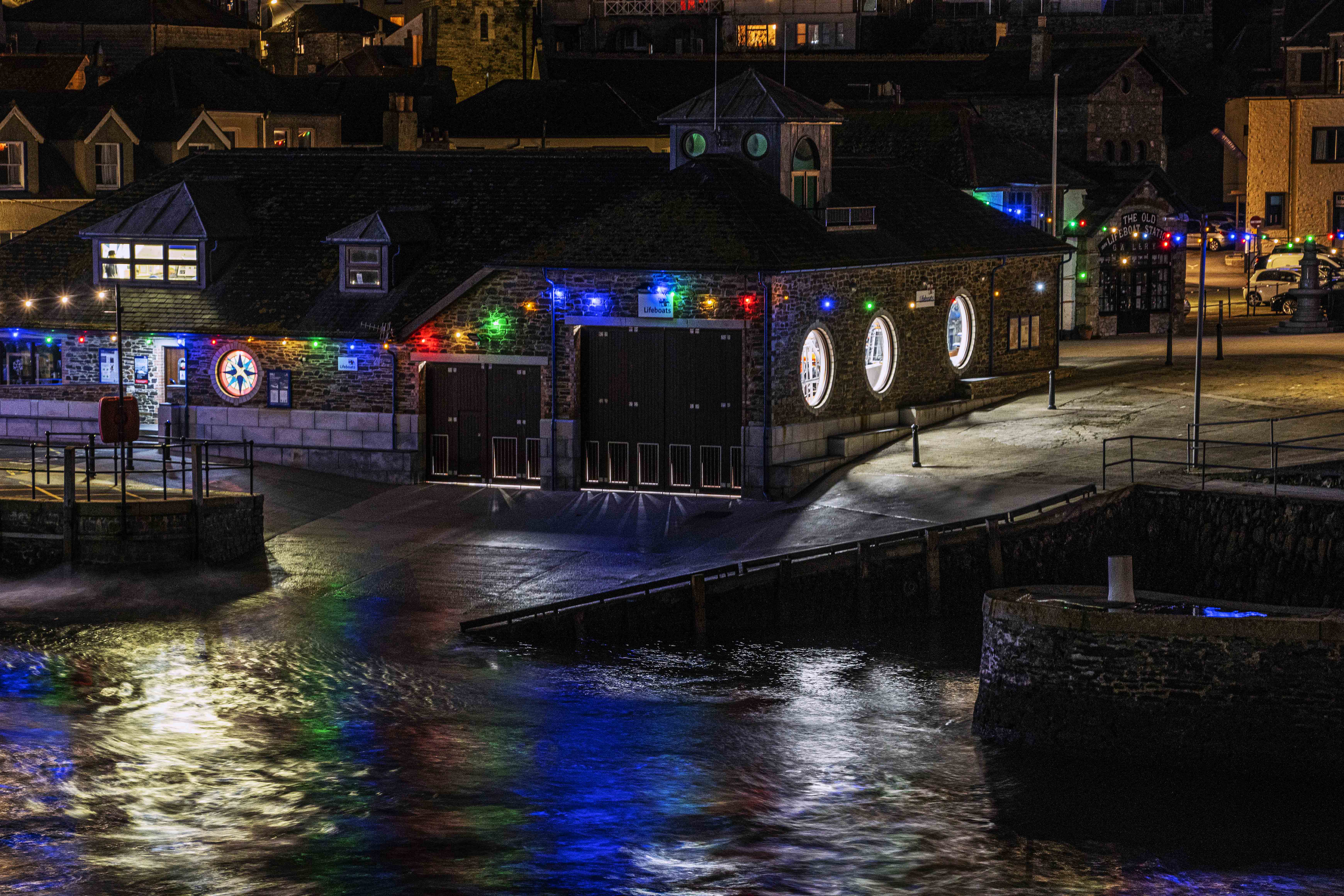 Looe RNLI Lifeboat Station Albatross boathouse at Christmas
