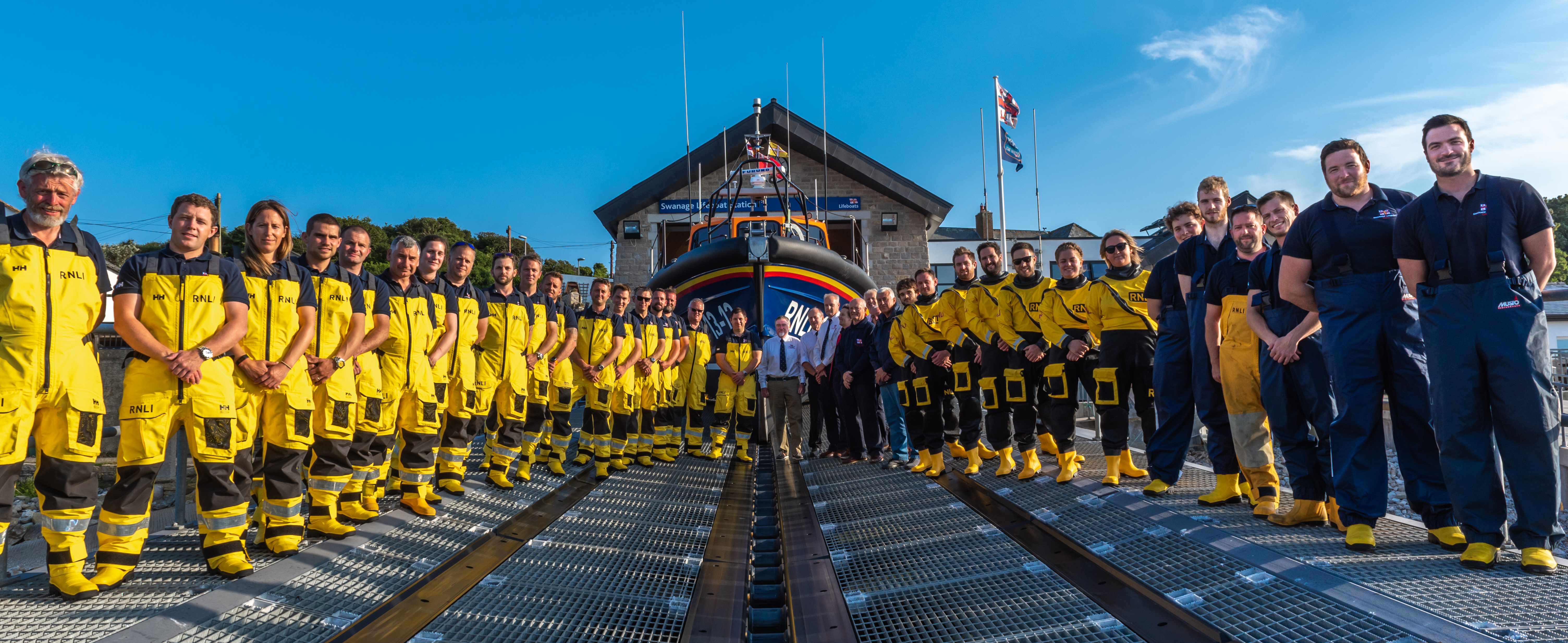 Swanagelifeboat crew on the slipway in front of the all-weather lifeboat George Thomas Lacy