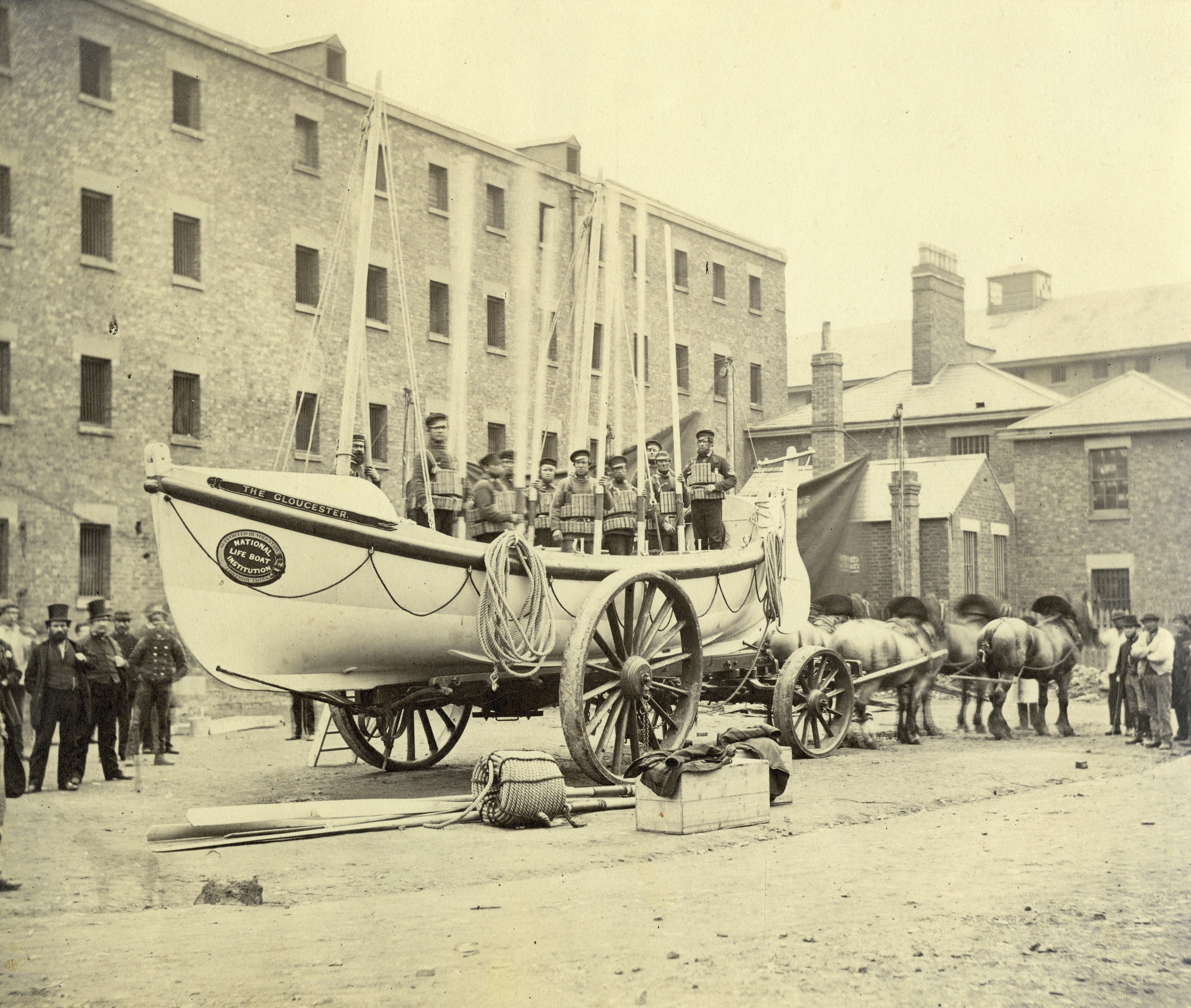 Falmouth’s first lifeboat, the City of Gloucester at Gloucester Docks at the time of her naming and launching ceremony in April 1867
