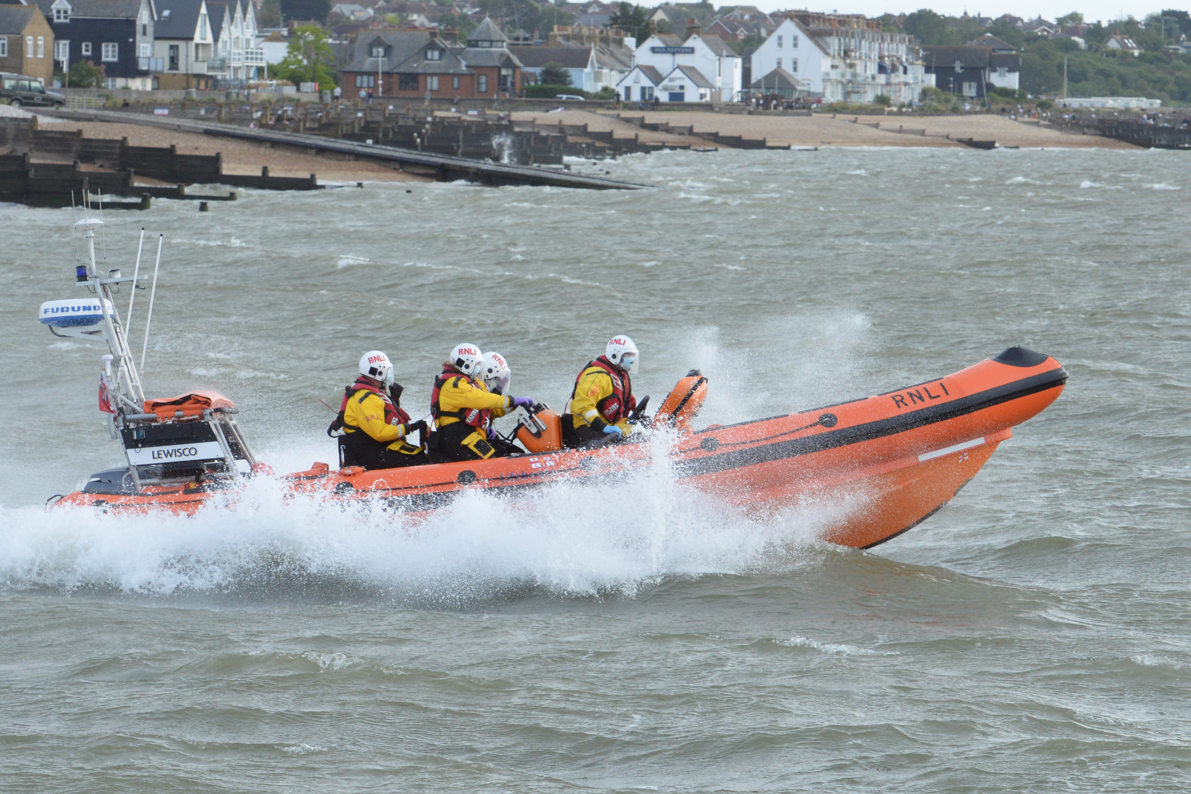 Photo of Whitstable's Atlantic 85 RNLI Lifeboat Lewisco launches to a yacht drifting off Herne Bay on Saturday.