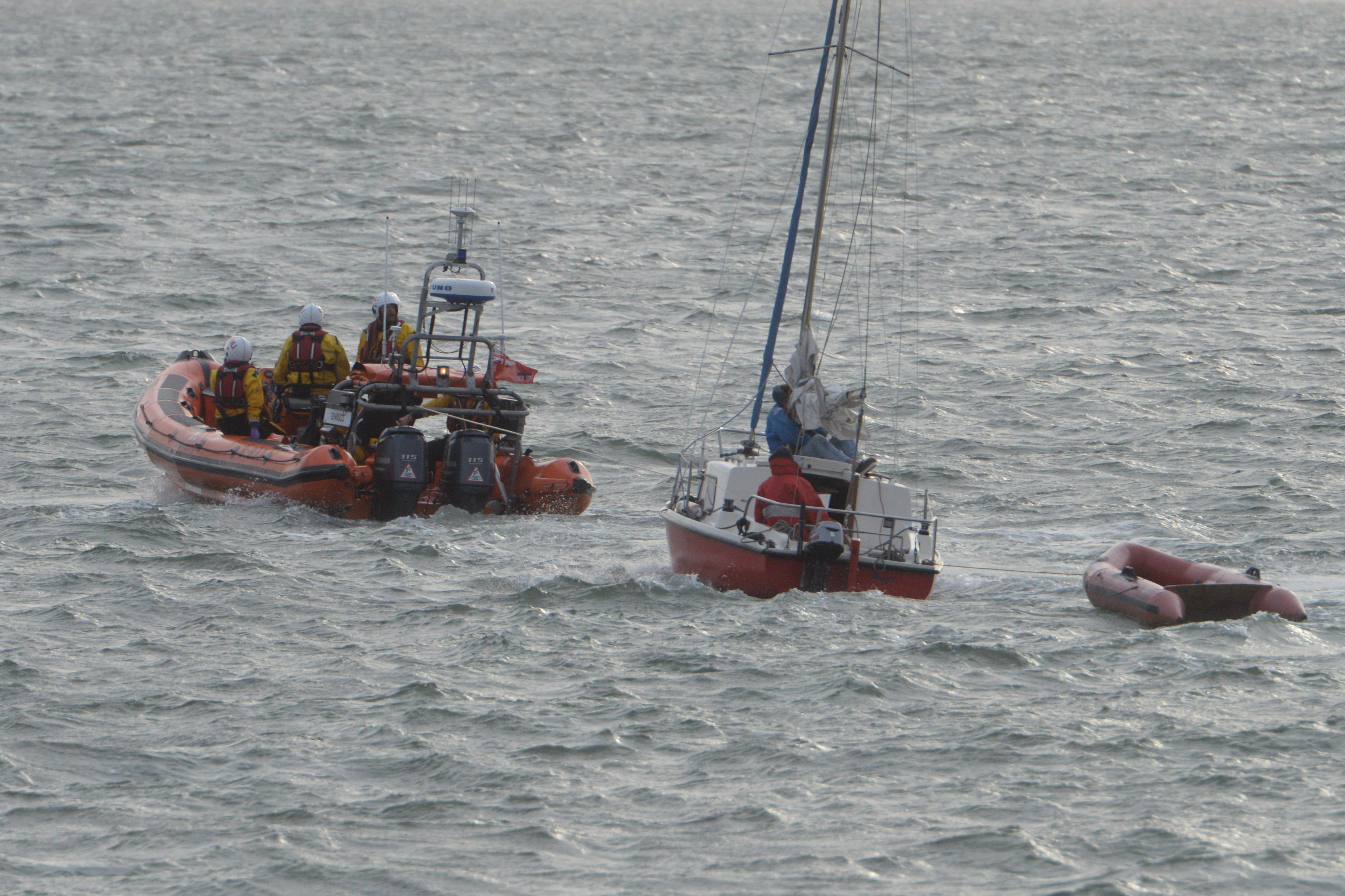 Photo of Whitstable's Atlantic 85 Lifeboat Lewisco assisting a 15-foot yacht off Whitstable on Saturday evening.
