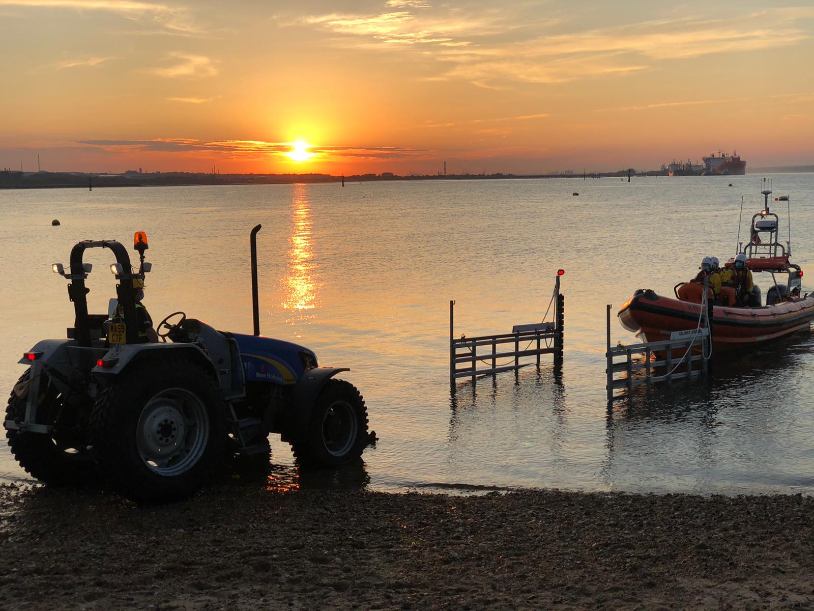 Photo showing sunset recovery for Atlantic 85 lifeboat 'Max Walls' after completion of the shout.
