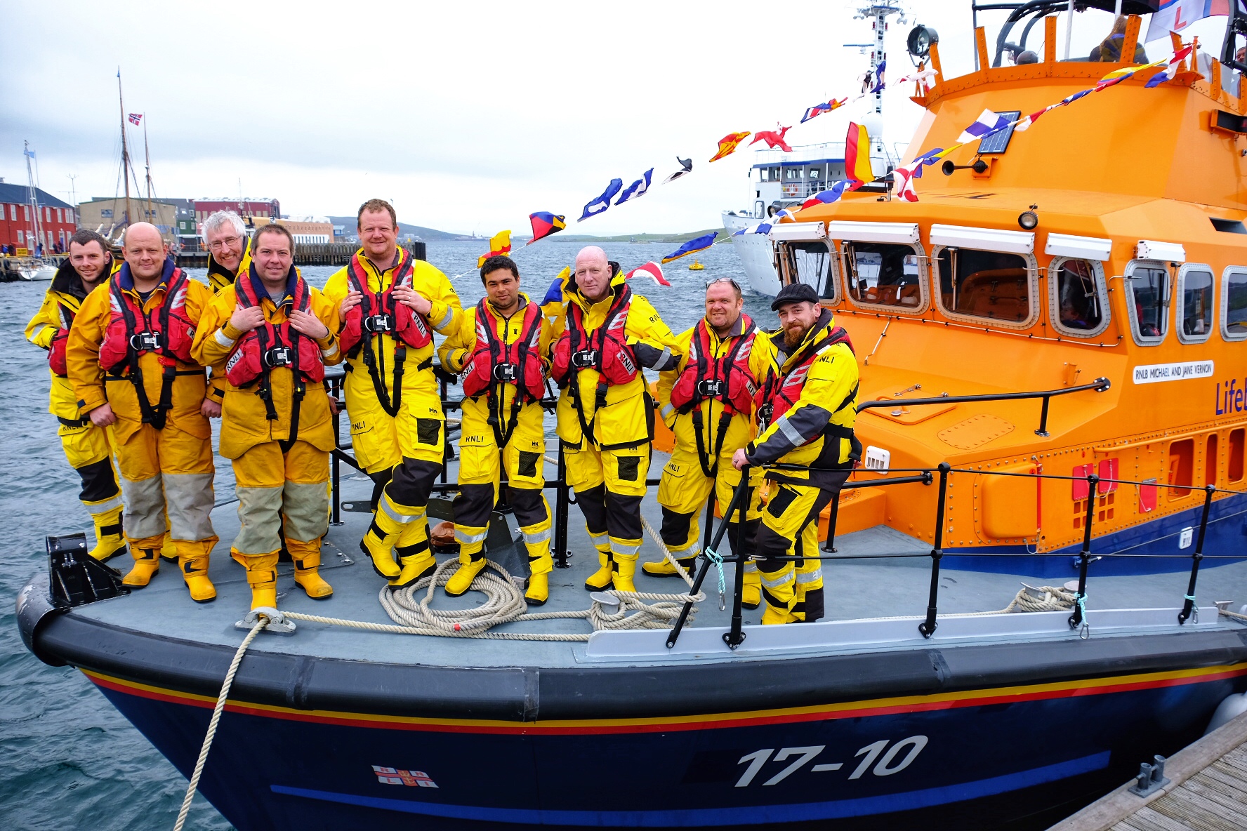 Crew members on the current RNLB Michael and Jane Vernon - (l to r) Stephen Manson, Jason Thomson, Peter Kerr, Kenneth Couper, Gareth Geddes, Nathan Mann, John Best, Ian Harms and Coxswain Darren Harcus, June 2019.