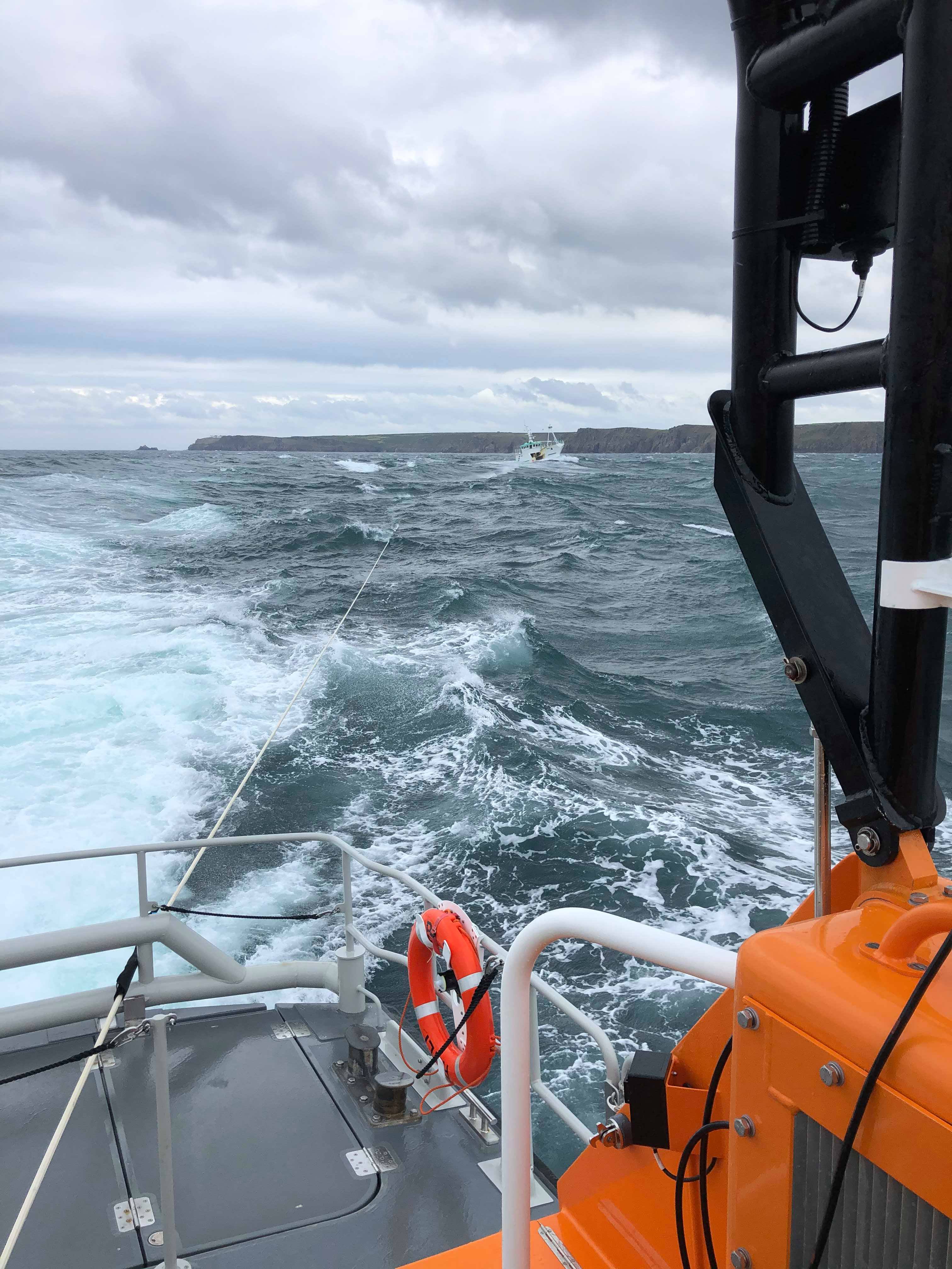 The casualty vessel veering to one side whilst under tow.