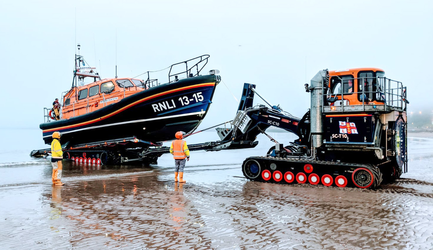 Scarborough Lifeboat being recovered after 12 hours at sea