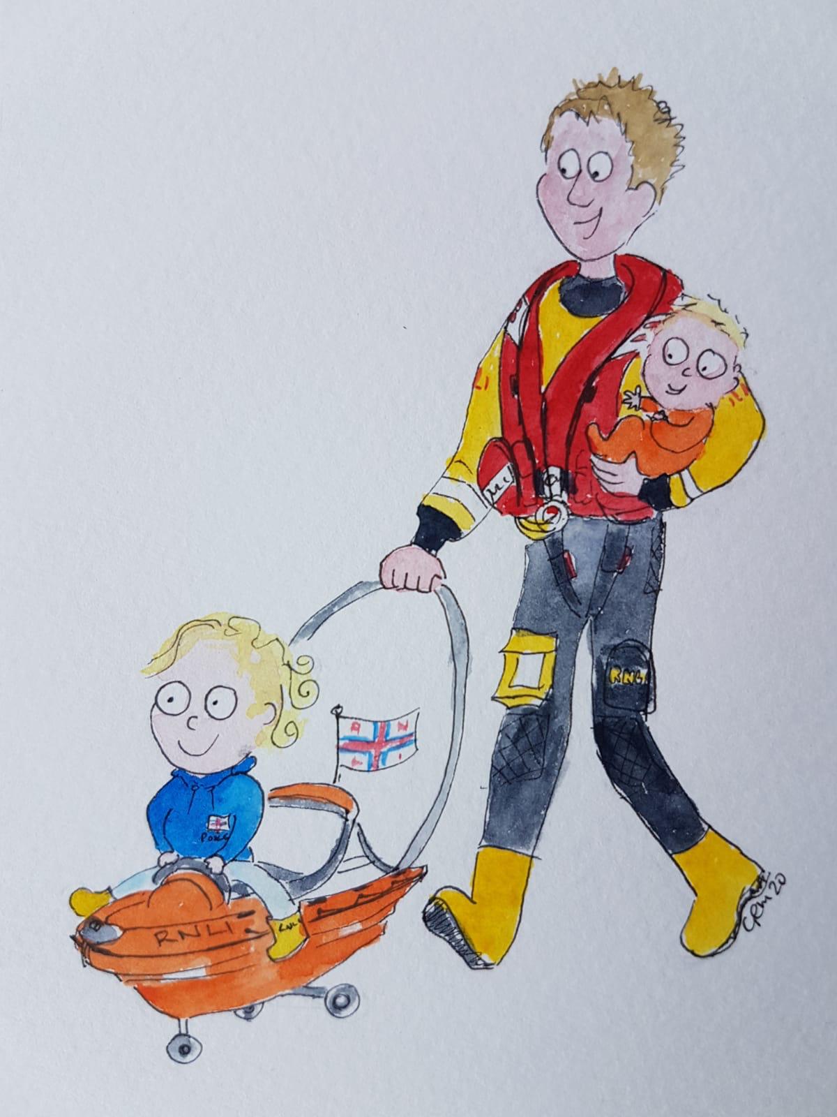 Ed in lifeboat kit and his children 