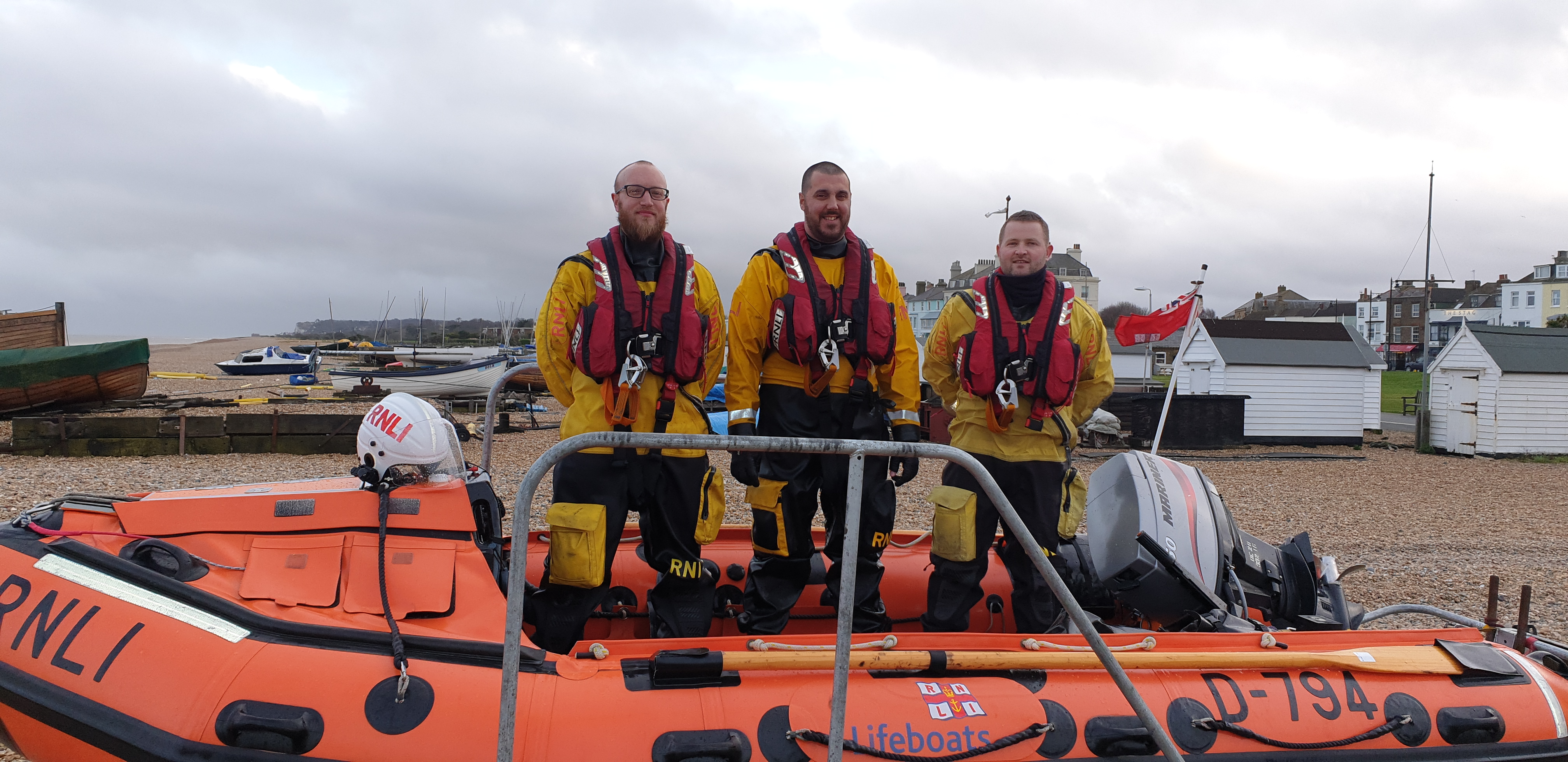 Neil Franks, Max Bowyer and James Foster on board D Class lifeboat Duggie Rodbard II