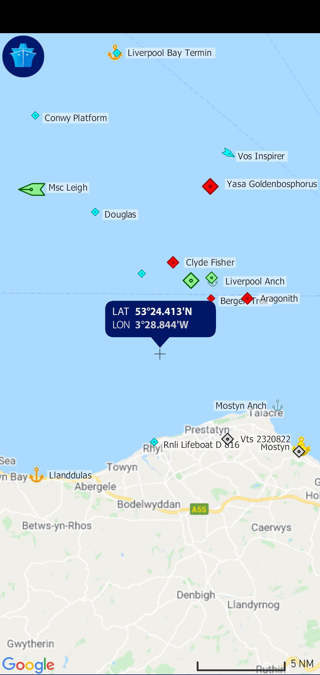 position of casualty in relation to Rhyl lifeboat station.