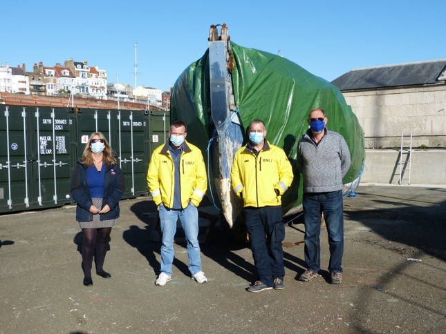 L-R Karen Cox Volunteer Press Officer, Ian Cannon Coxswain, Phill Mace Station Mechanic and Michael Bon (Francis Forbes Barton Restoration and Preservation Society).
