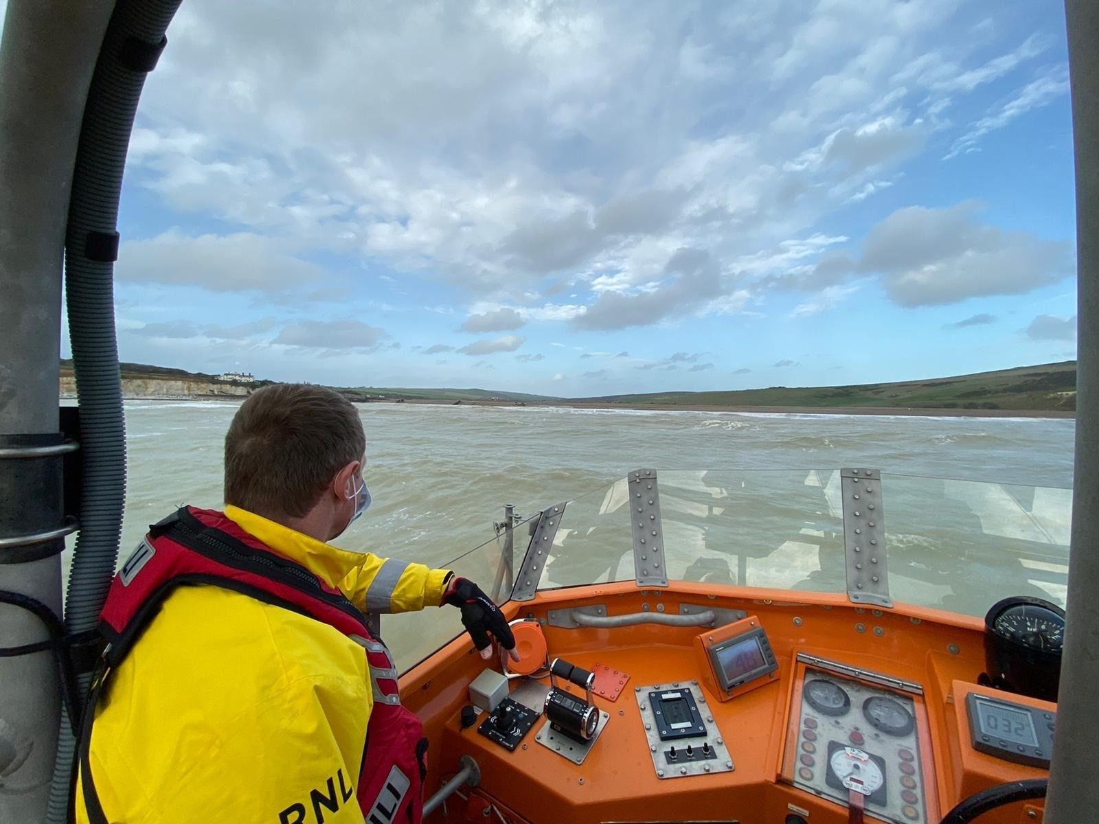 Photo of Newhaven crew member Andy Bull aboard the Severn class lifeboat.