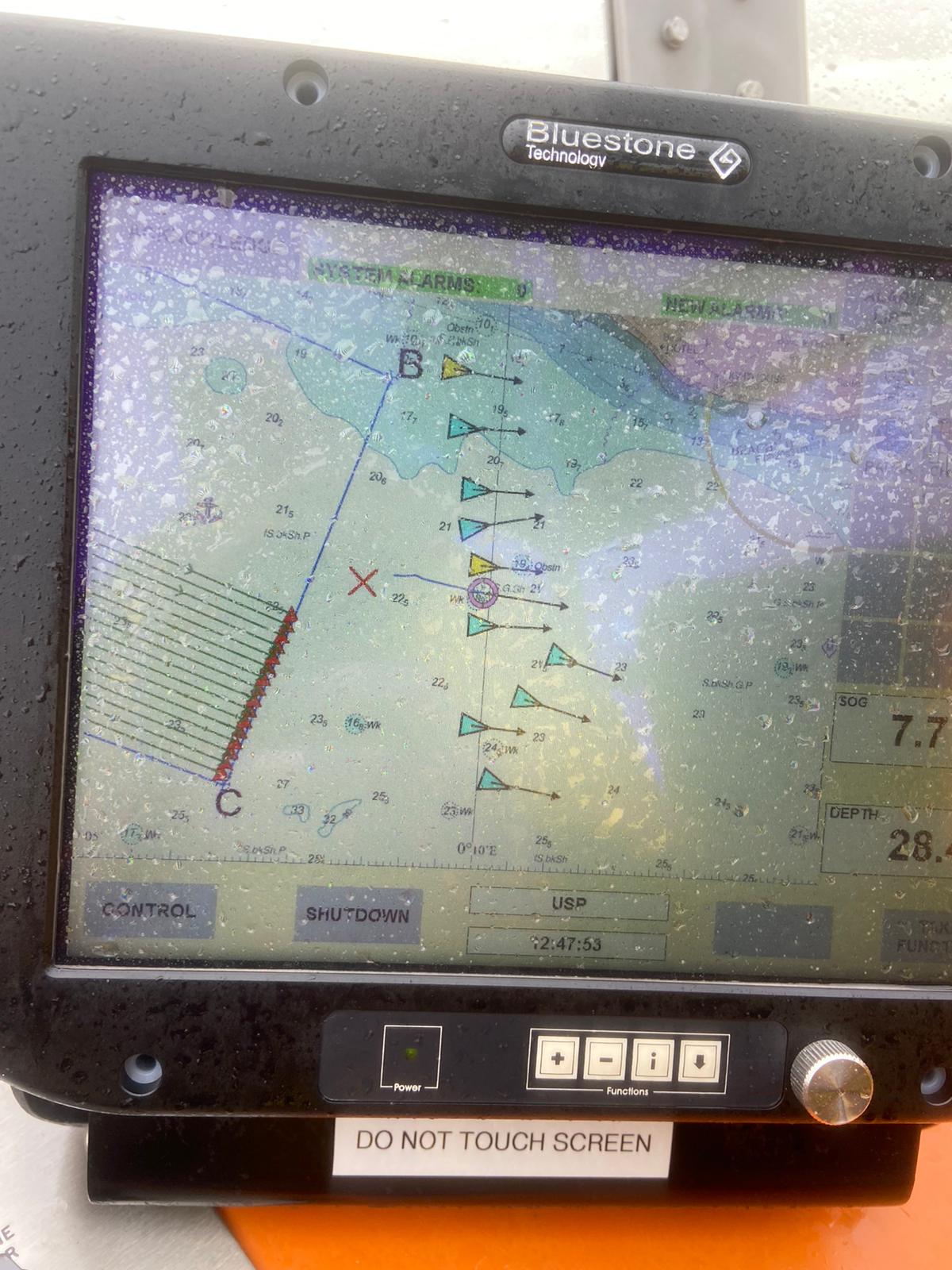 Photo of the Newhaven RNLI lifeboat navigation screen in upper steering position showing the line abreast search.