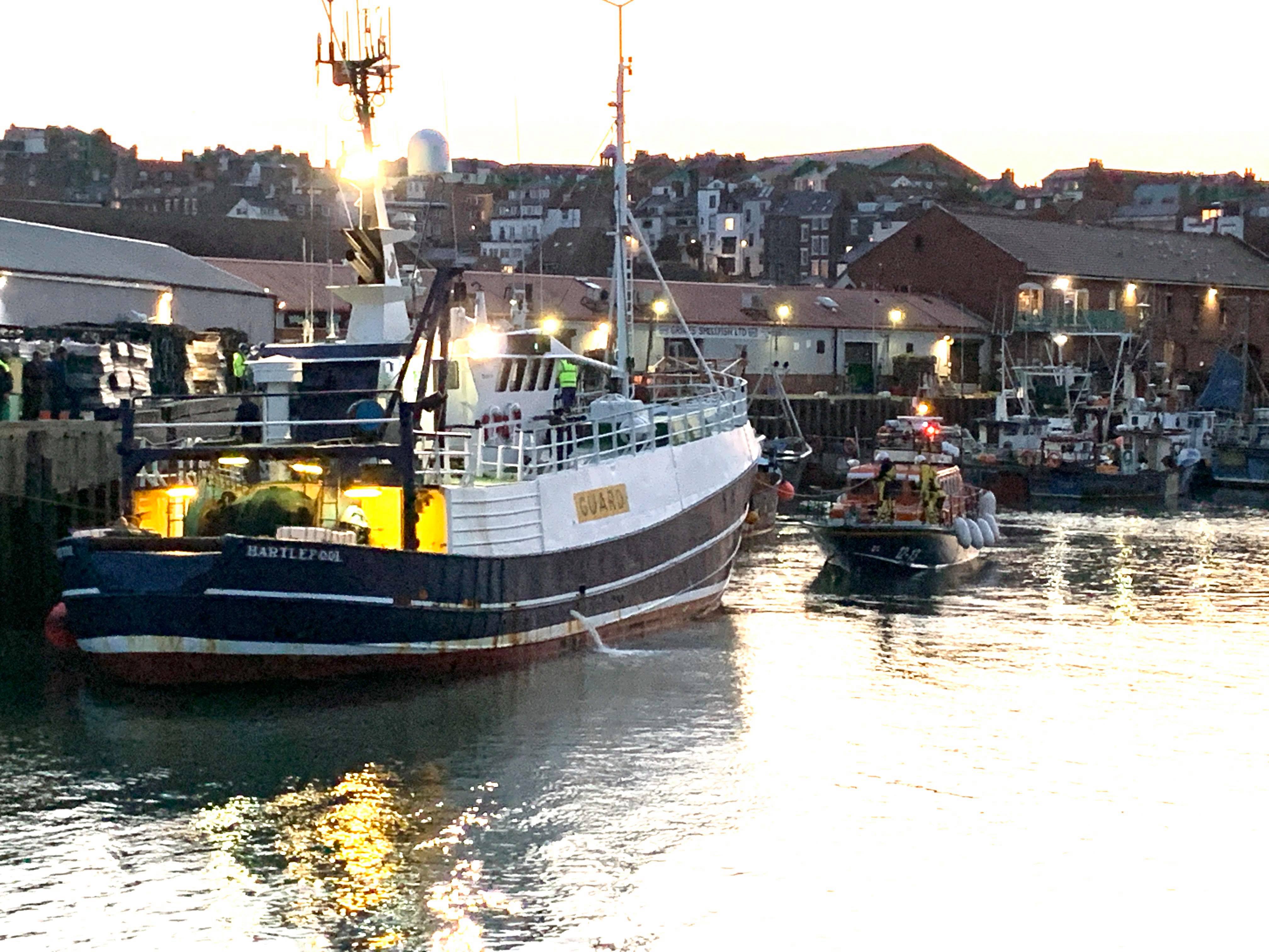 Filey ALB with the guard vessel Opportune in Scarborough Harbour