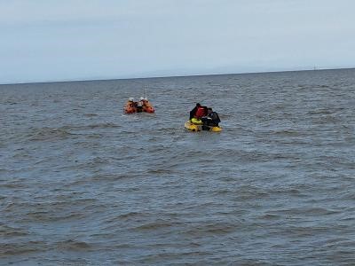 HM Coastguard requested Fleetwood RNLI to assist an inflatable rib, which was in difficulties, at Rossall Point. The two casualties were taken on-board the all-weather Shannon class lifeboat and the inflatable was towed back to port.