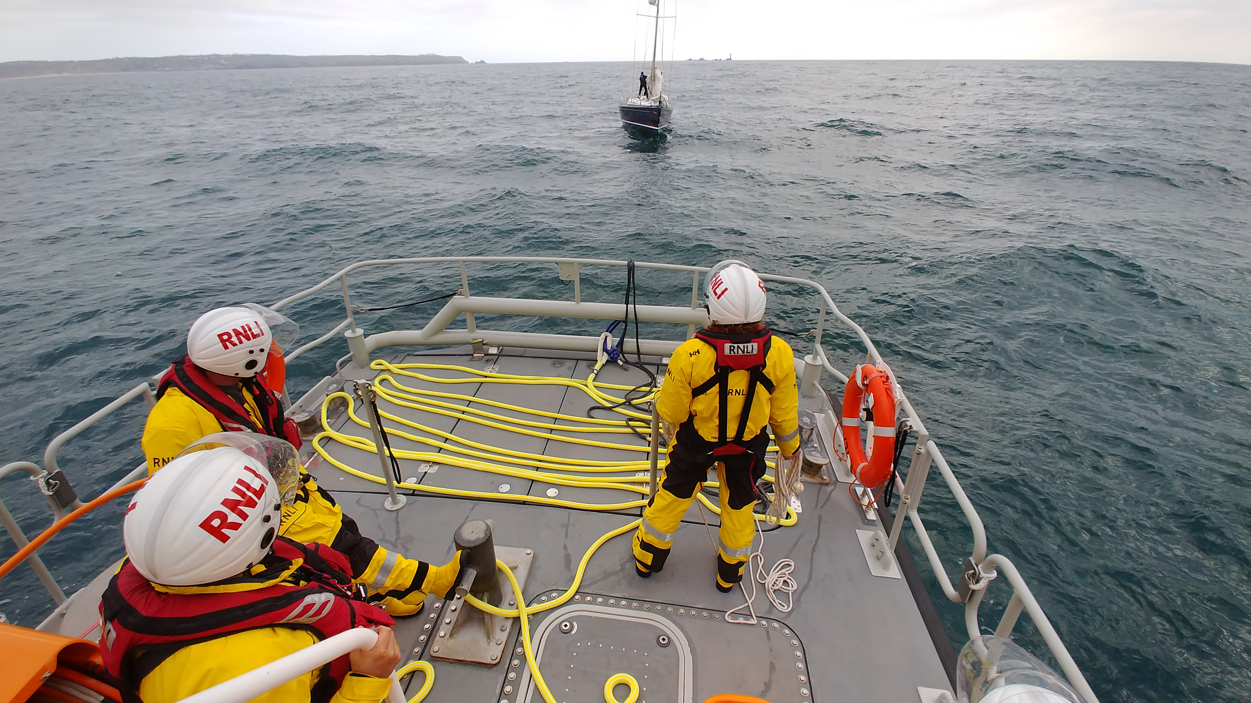 Sennen Cove RNLI Volunteers preparing a tow 