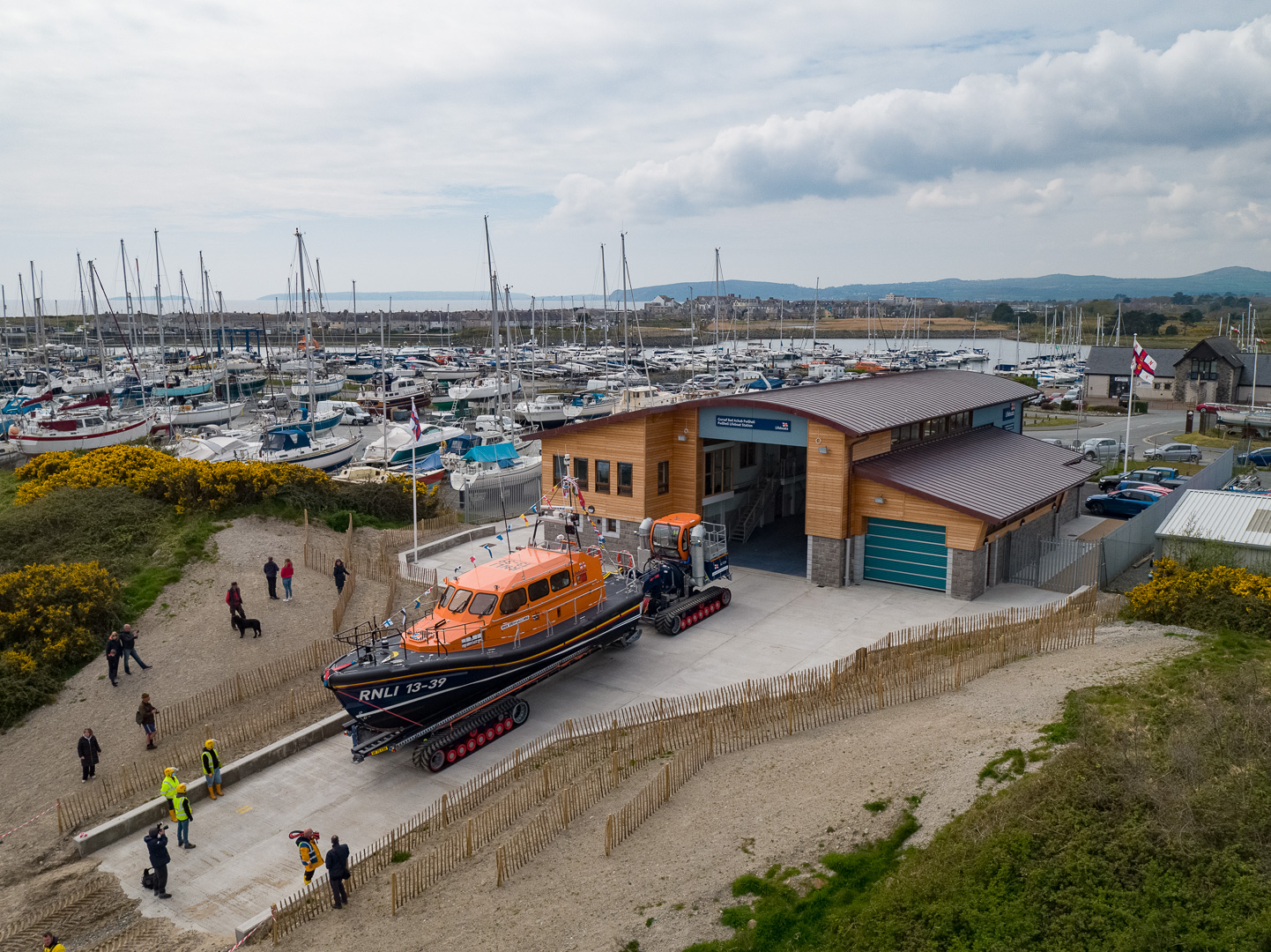 Pwllheli new RNLI Shannon Class lifeboat Smith Brothers arrives is housed in the new boathouse for the first time.