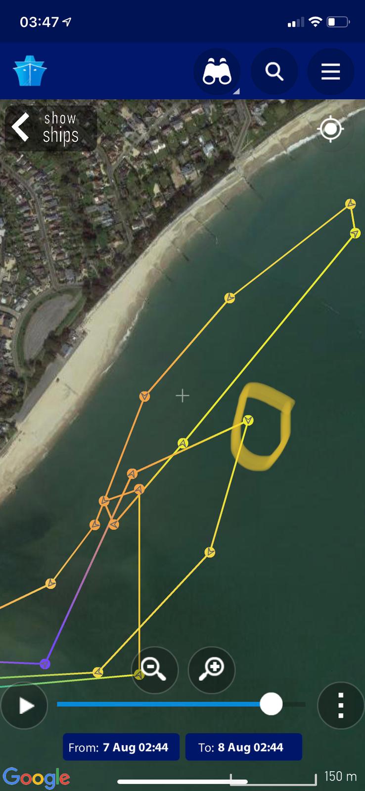 RNLI Mudeford boat tracks with casualty location 8/8/21