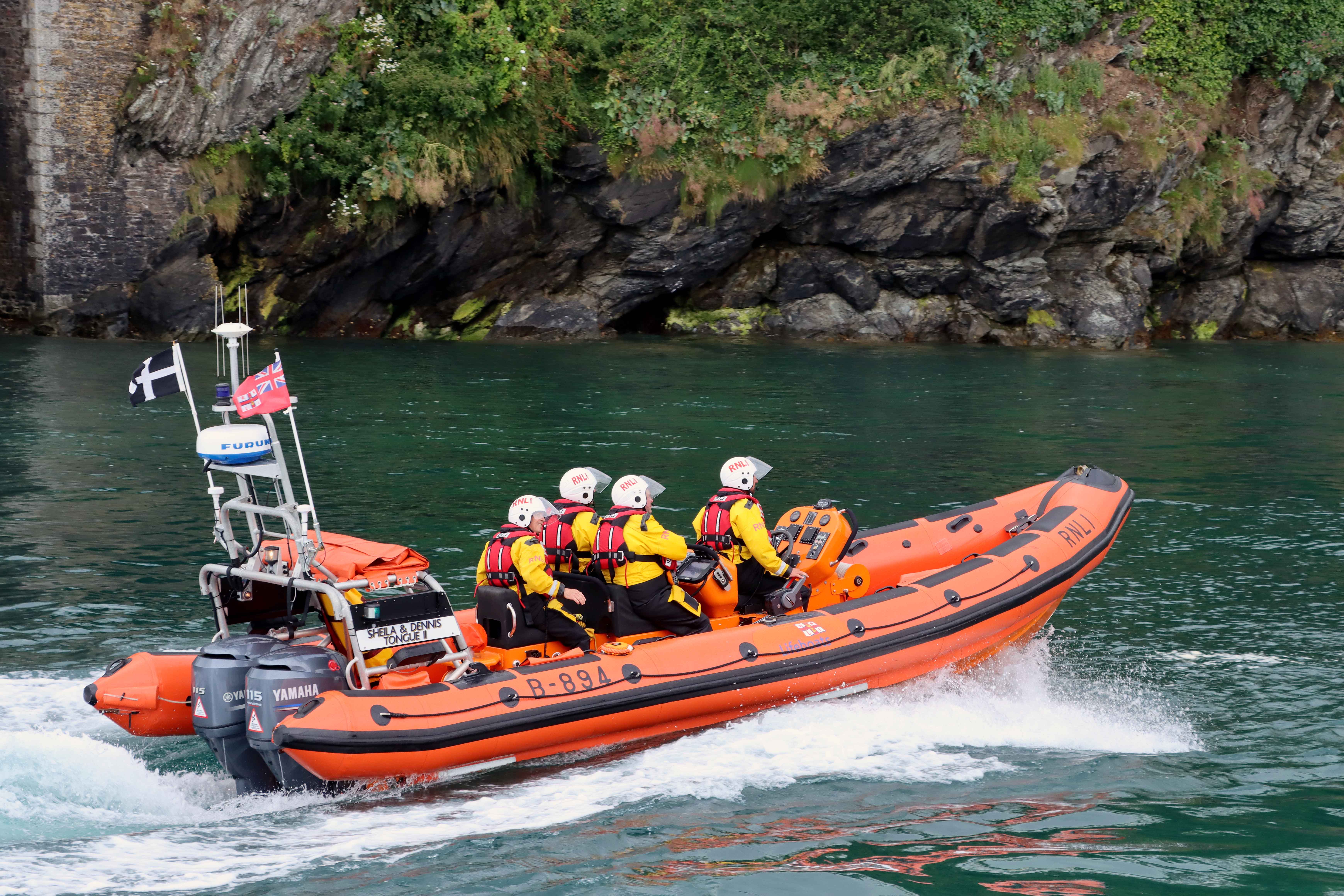 Looe RNLI Atlantic 85 Sheila and Dennis Tongue II returning to station after the second shout yesterday, Sunday 8 August 2021