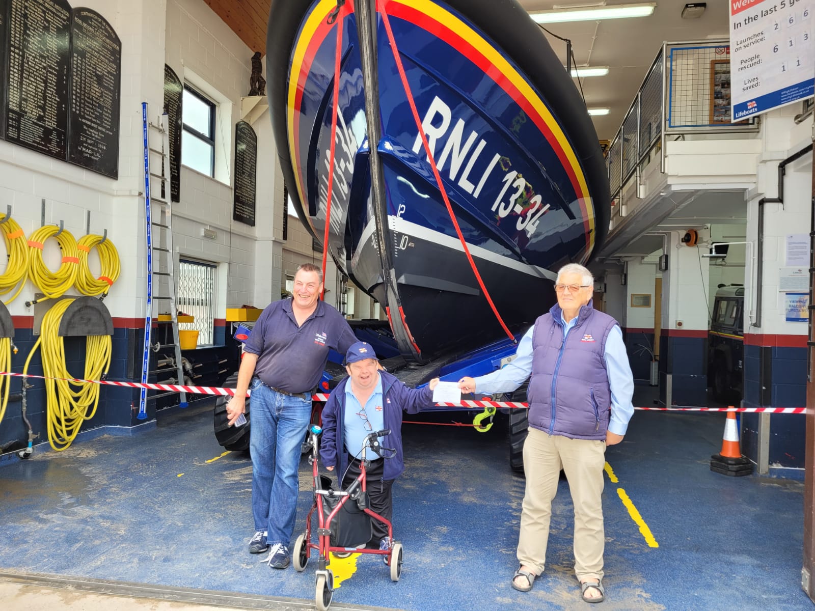 Peter Dean (fundraisers chair) hands a receipt to Peter, watched by press officer Paul Frost