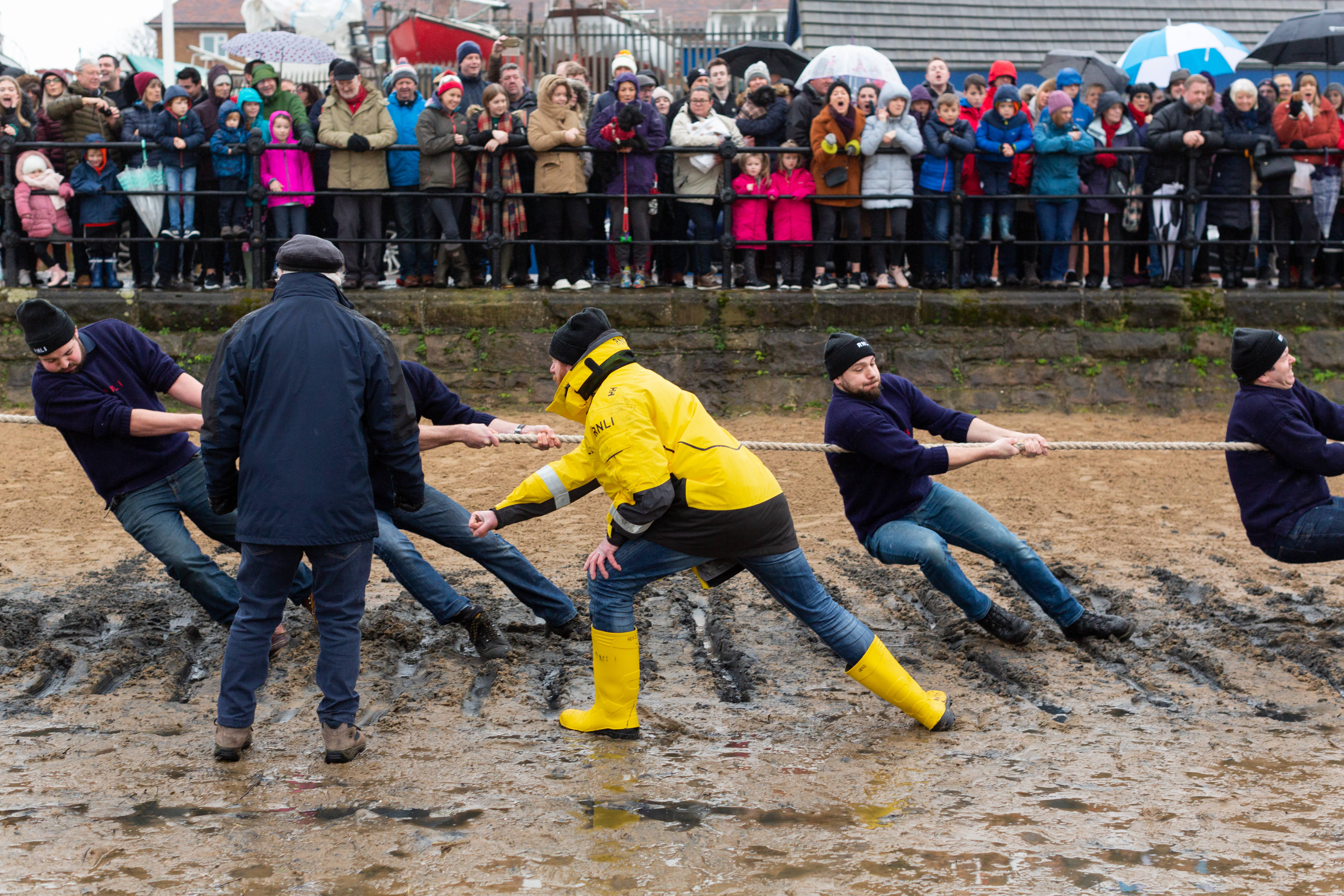 Hoylake RNLI lifeboat crew heave on the rope at the 2019 Tug o’War