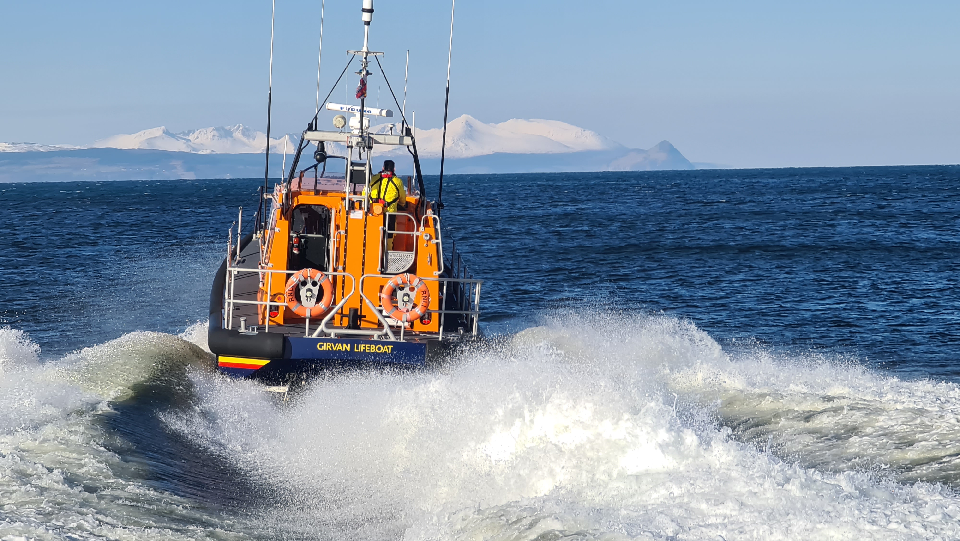 Girvan Lifeboat with a snowy Arran in the background 