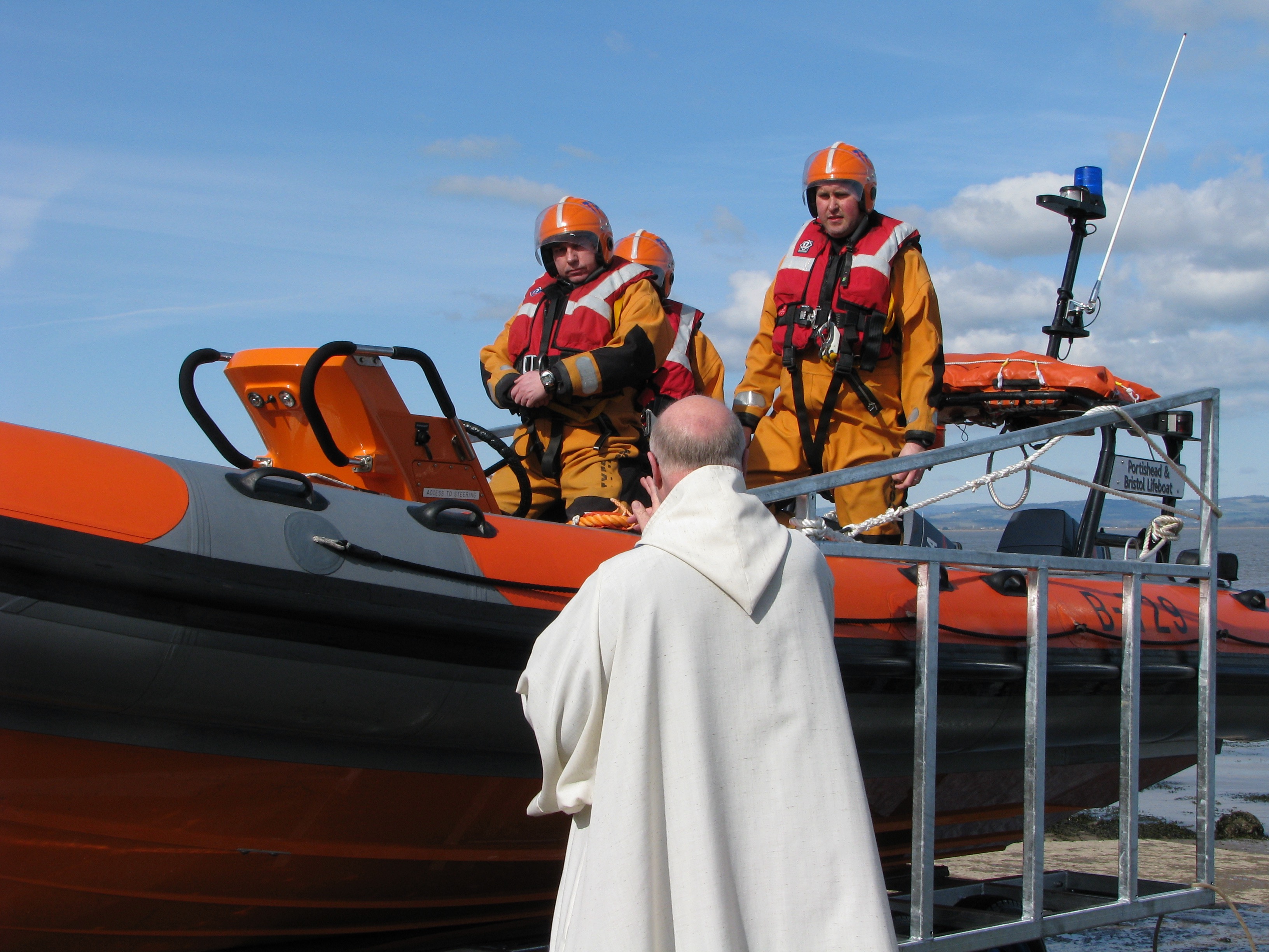 RNLI Padre Emeritus, Reverend Philip Auden MNM MNI DL. Blessing a loan lifeboat during the Portishead Lifeboat Trust days – March 2011.