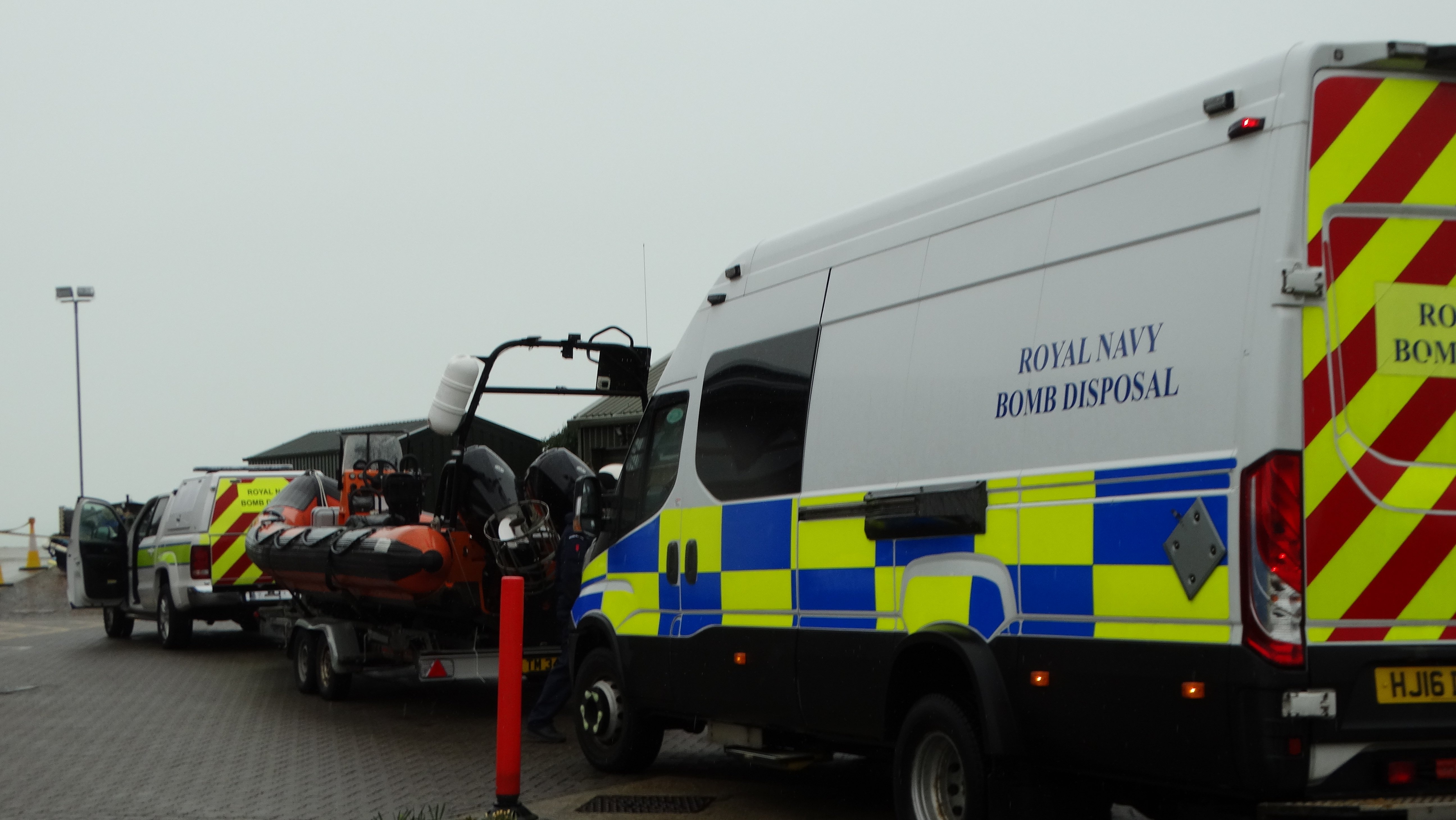 Photo of Royal Navy E.O.D. vehicles in Selsey Lifeboat Station car park.