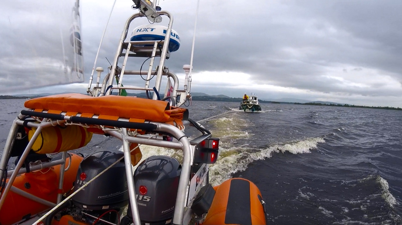 The A-frame of the lifeboat, with the casualty vessel astern under tow