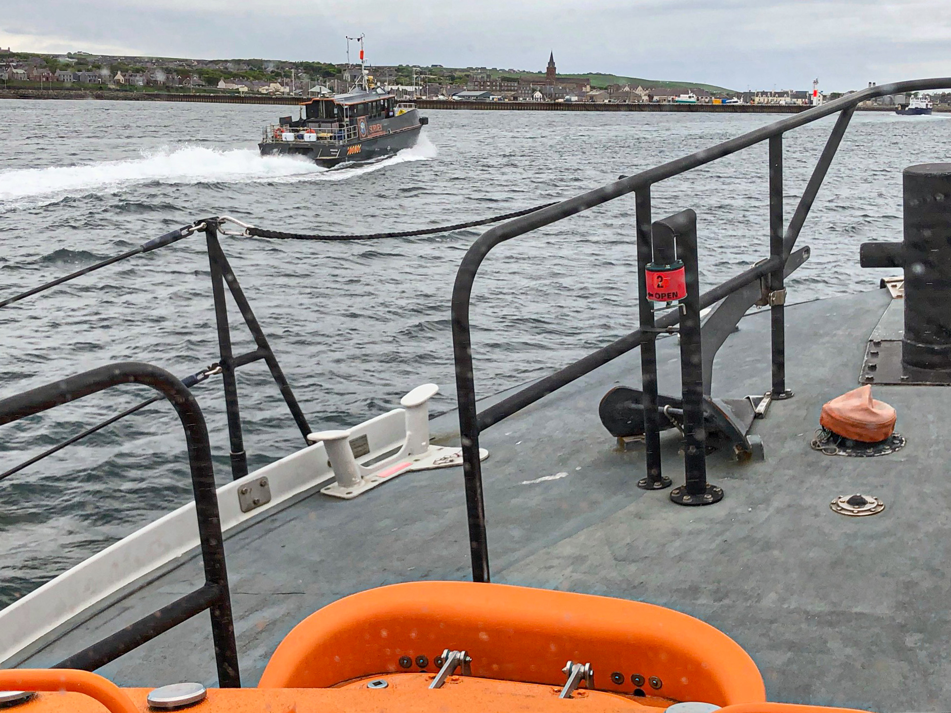 Margaret Foster escorting survey vessel into Kirkwall harbour