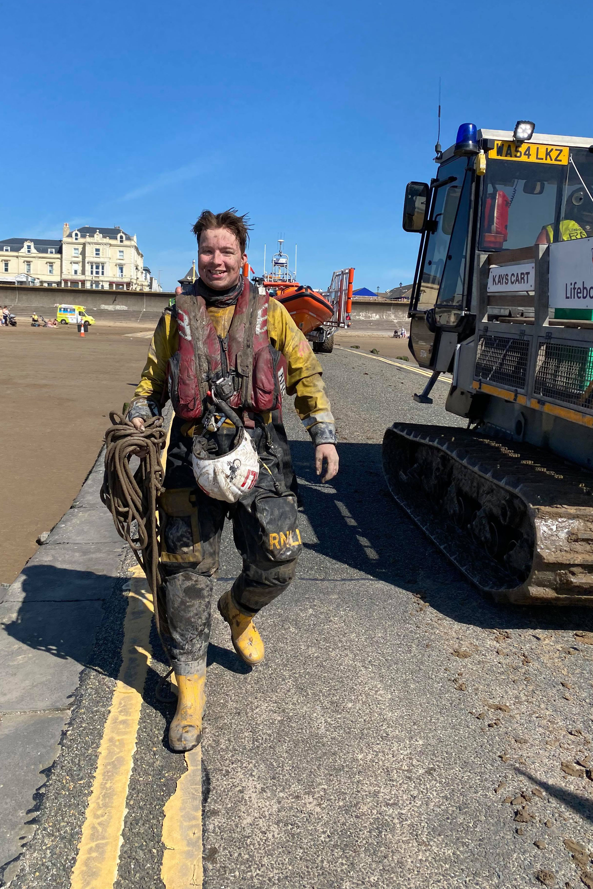 We had a very muddy boat crew on return from the first launch. Here is James, with the muddy towline.