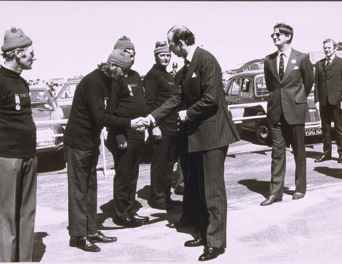 John Stockford, Colin Pugh and Dr Rob Haworth were all presented with Silver Medals for their efforts in rescuing a woman who had fallen over a cliff on 21 June 1971