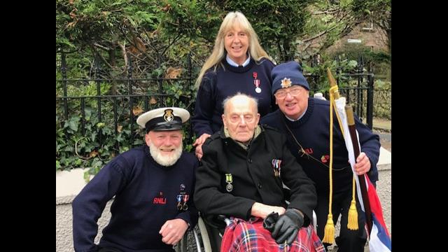 Past Coxswain Ted Lough pays his respects with todays Berwick-upon-Tweed RNLI Crew