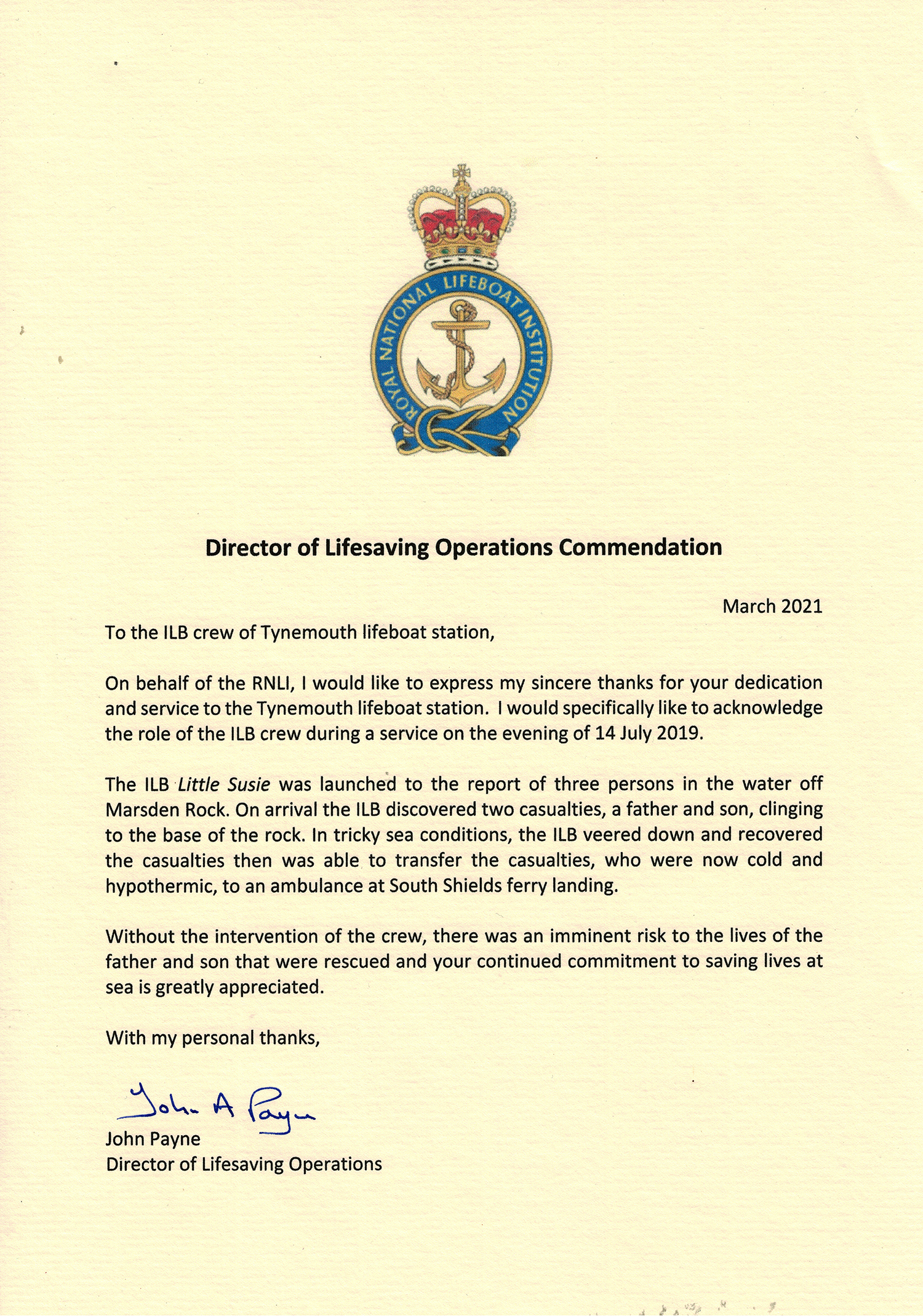 Commendation awarded to Tynemouth RNLI volunteer crew members MarkTaylor, Michael Brown and Mark Charlton