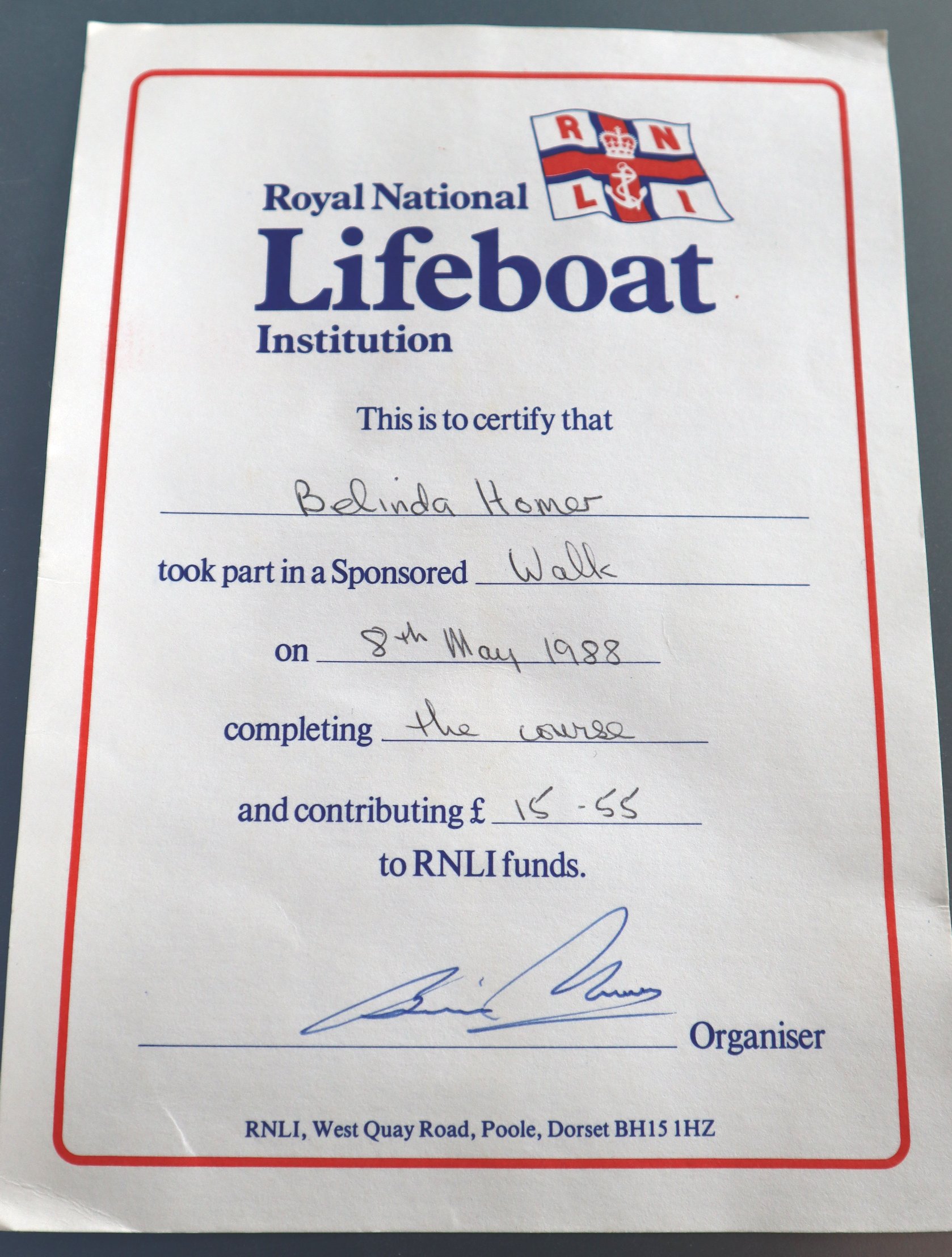 A picture of the Lifeboat fundraising certificate Bea Homer received in 1988