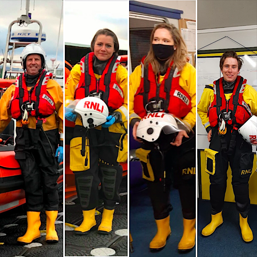 Four crew standing in the full RNLI grear