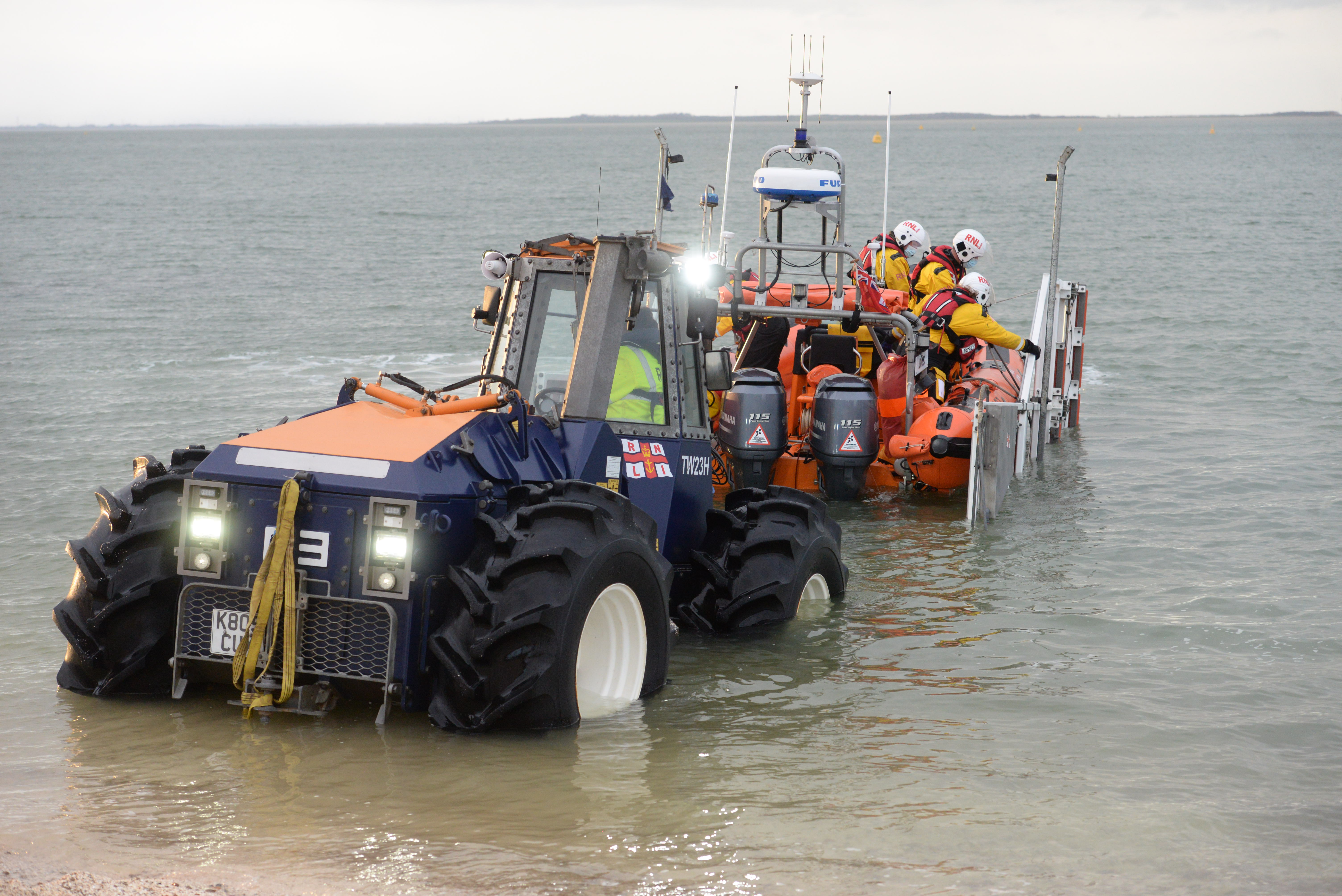 Whitstable lifeboat and its launching tractor and carriage.