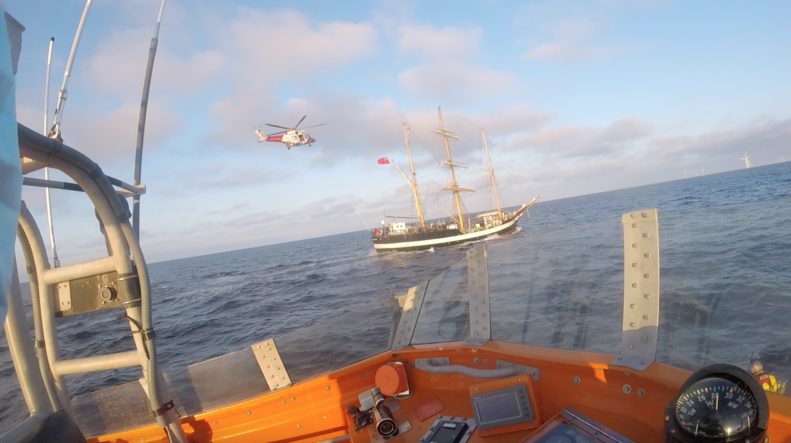 Newhaven Lifeboat approach mayday Pelican of London with Rescue helicopter 175 on scene
