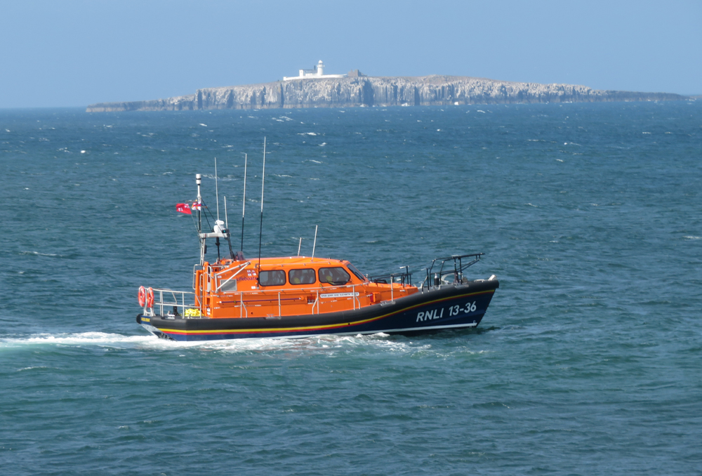 Seahouses Shannon Lifeboat "John and Elizabeth Allan, Farne Islands behind.