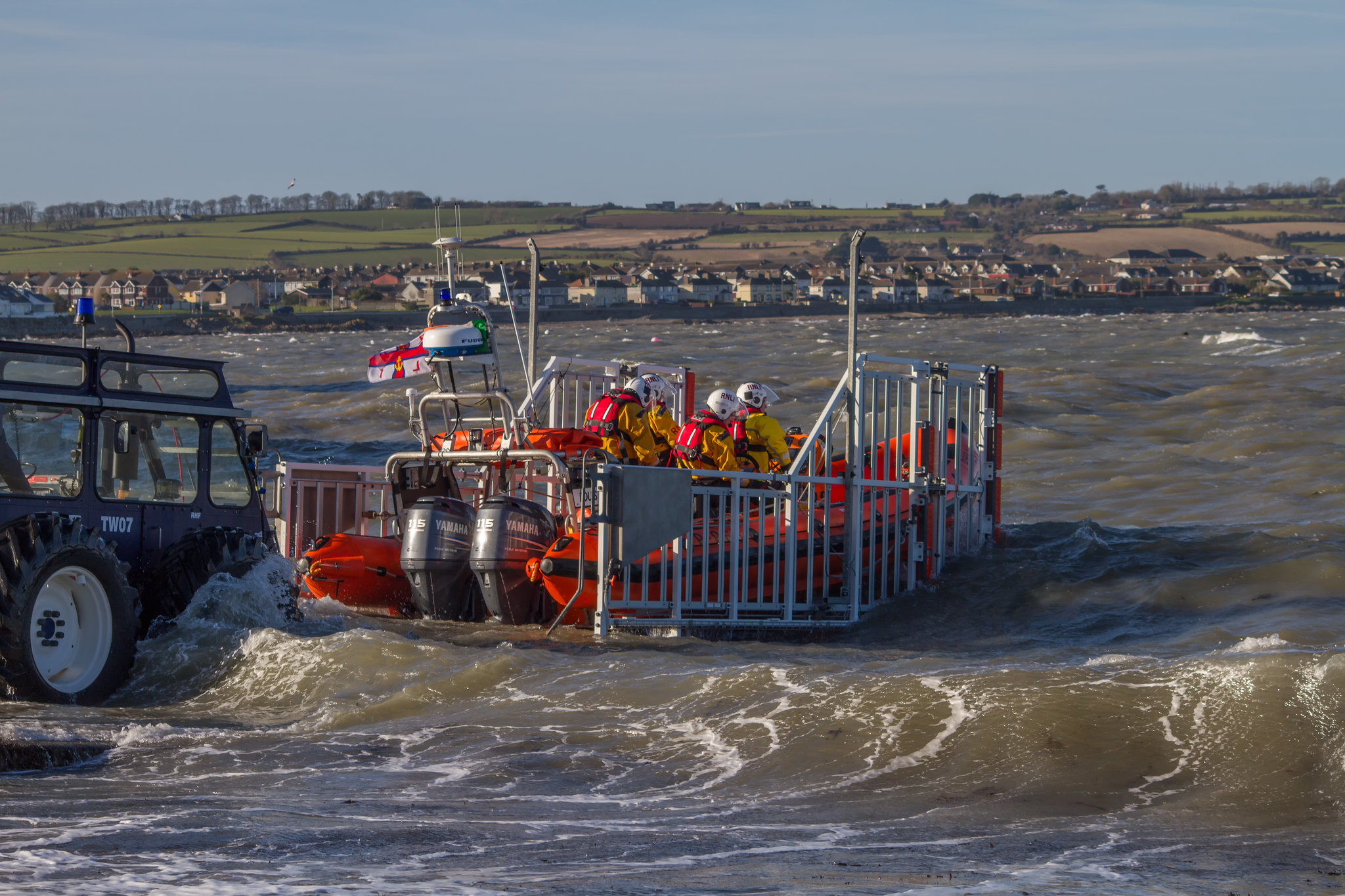 Skerries RNLI launching their Atlantic 85 inshore lifeboat