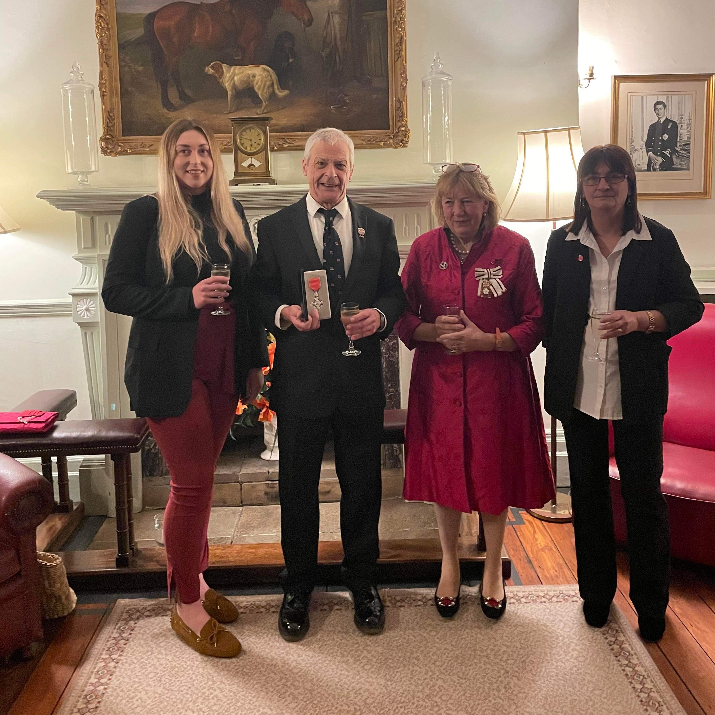 Philip celebrating his MBE with his grand daughter, Angel Eaglen, his wife, Heather Eaglen, and The Lady Dannatt, The Lord-Lieutenant for Norfolk