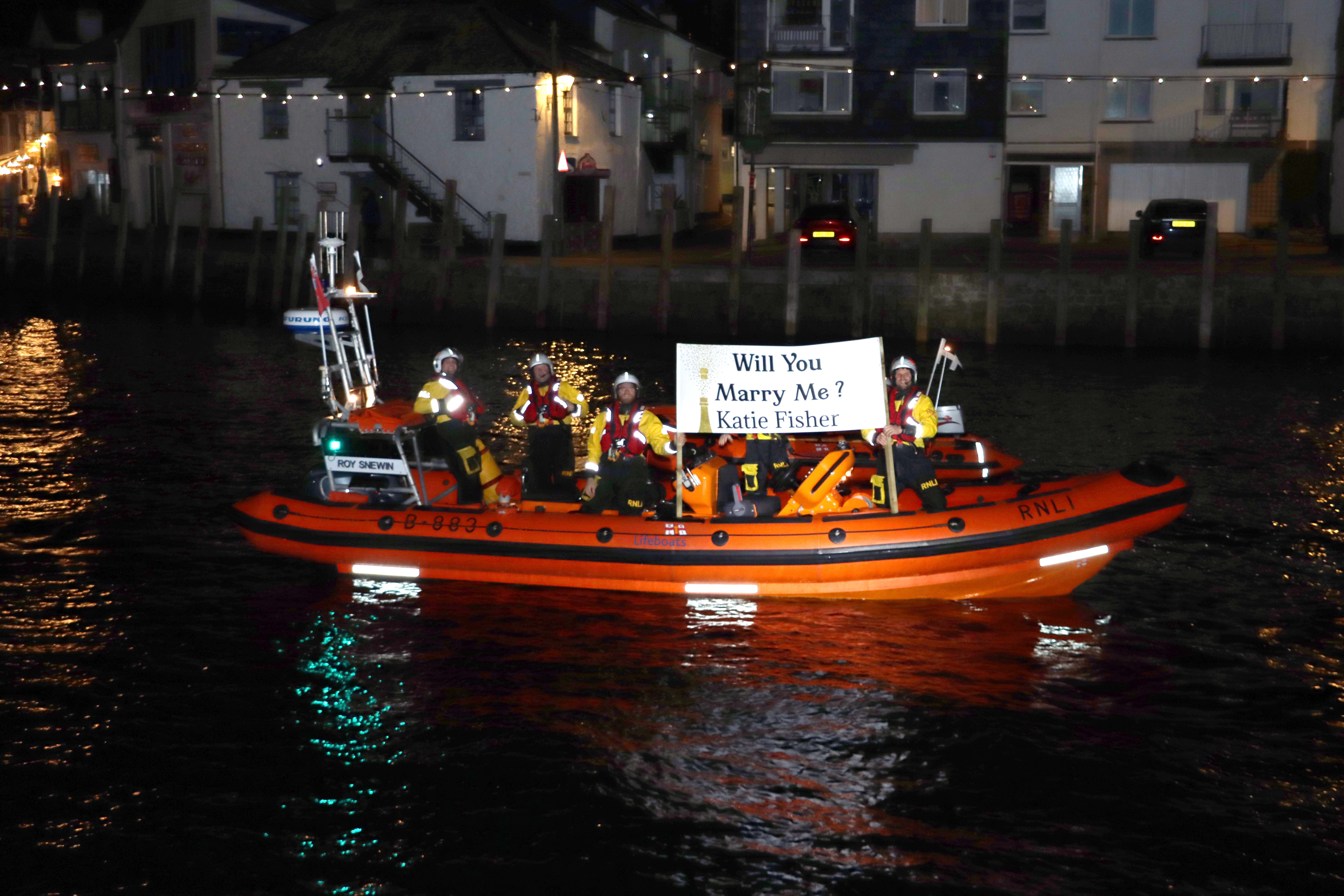 Looe Lifeboat volunteer crew delivering Aaron’s marriage proposal on the relief Atlantic 85 Roy Snewin
