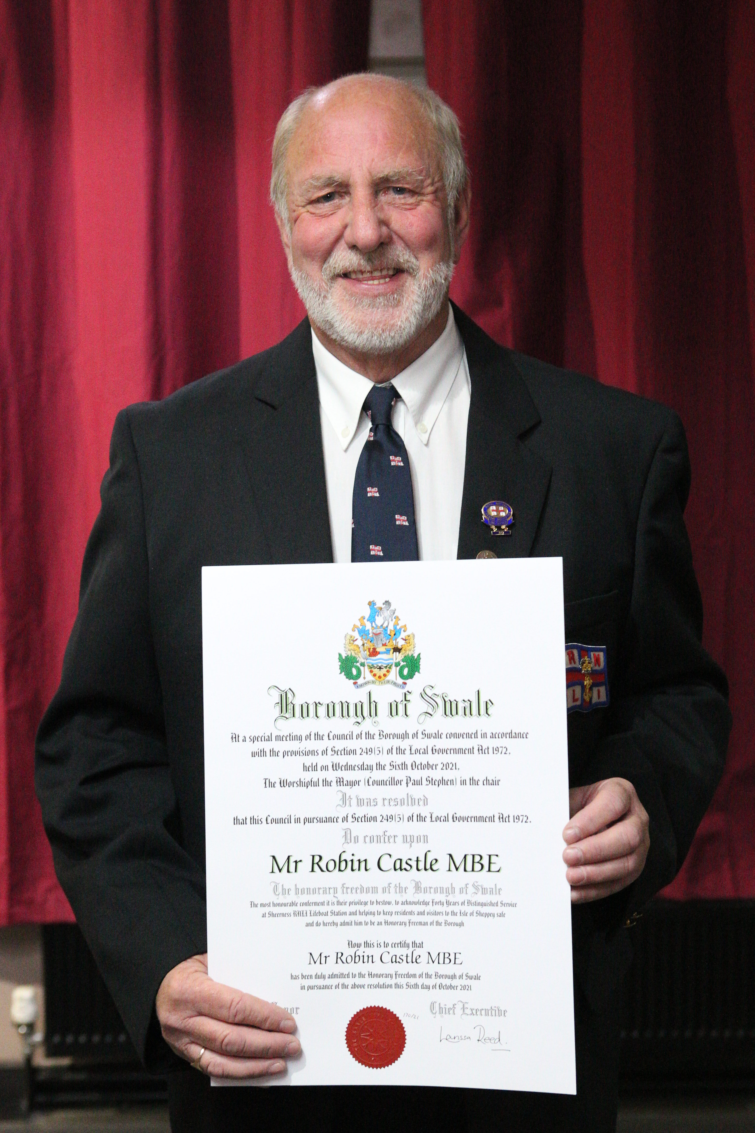 Photo of Robin Castle MBE being made a Freeman of the Borough of Swale.