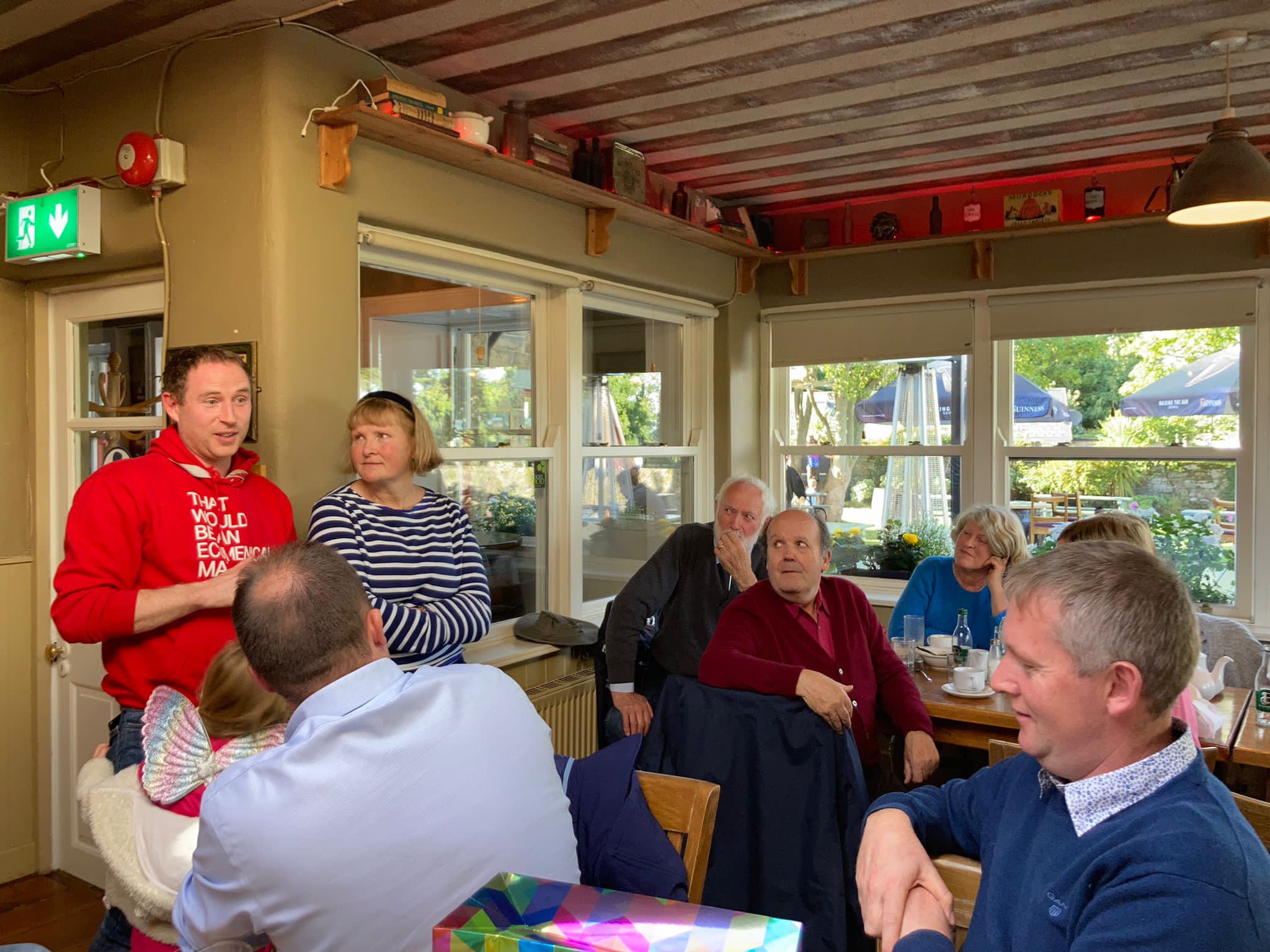 volunteers gathered at a restaurant