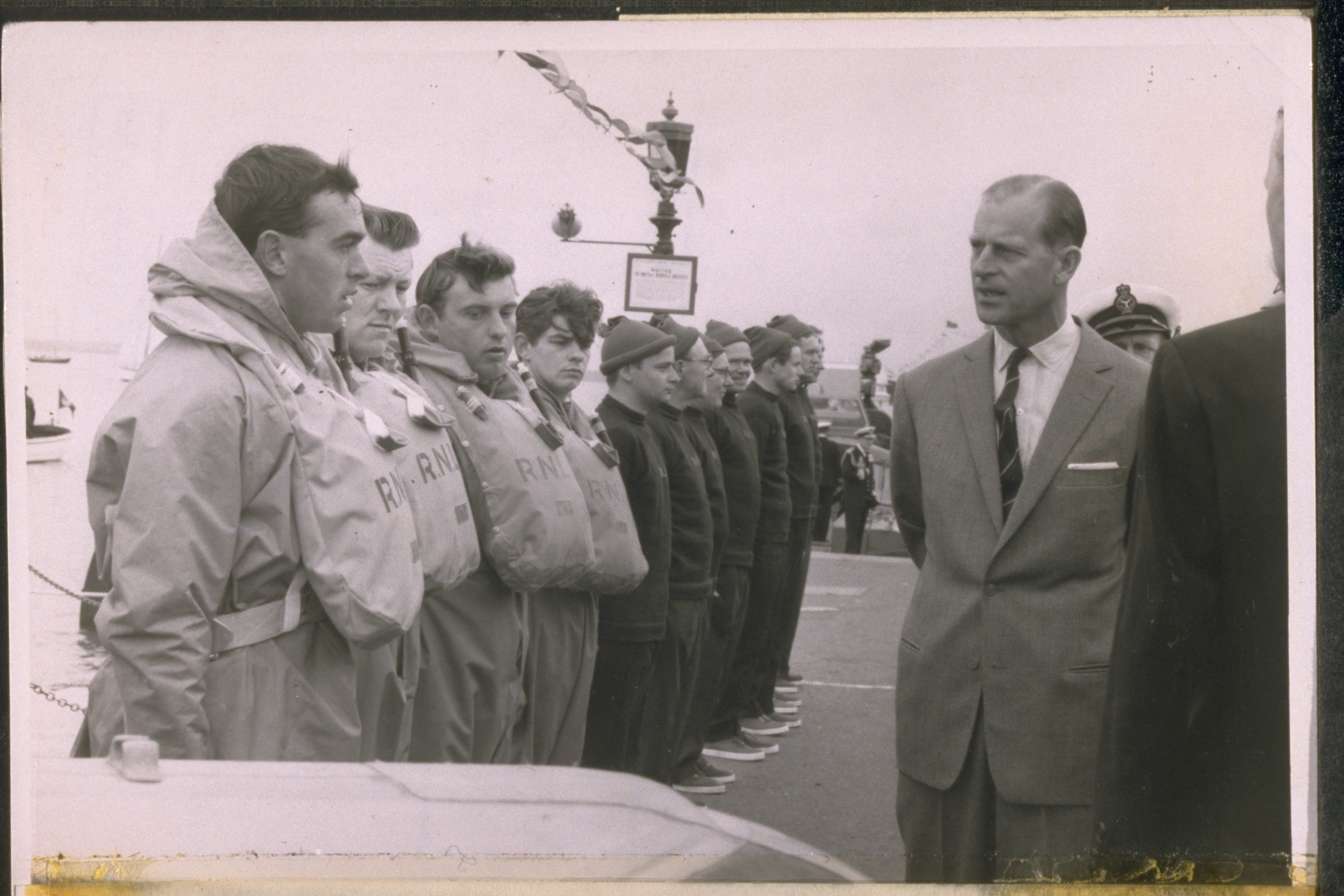 HRH The Duke of Edinburgh inspecting the crew of the Yarmouth lifeboat during a royal tour of the Isle of Wigh