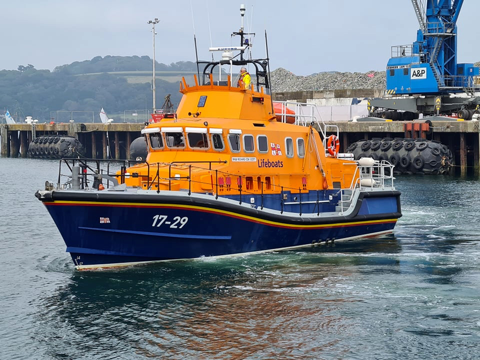 Falmouth’s Severn class all-weather lifeboat Richard Cox Scott leaving it’s pontoon for this service.