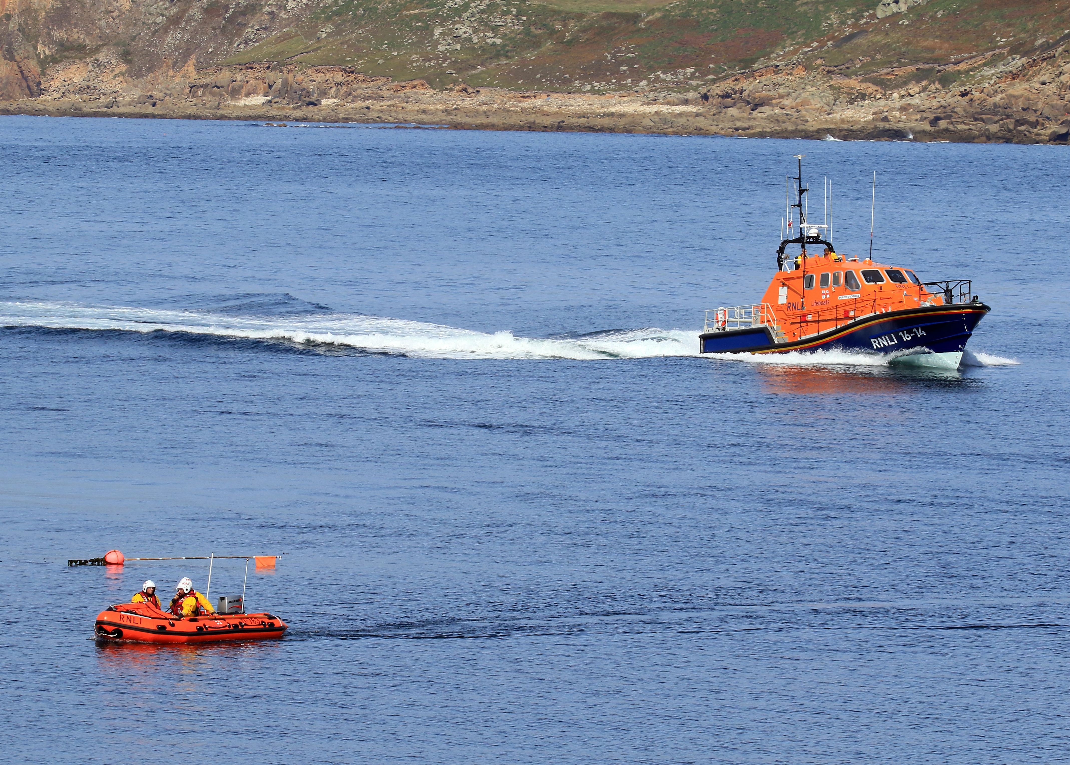 Sennen Cove all-weather lifeboat 'City of London III' and D class ILB 'Amy Brown' returning to Sennen Cove following the service.
