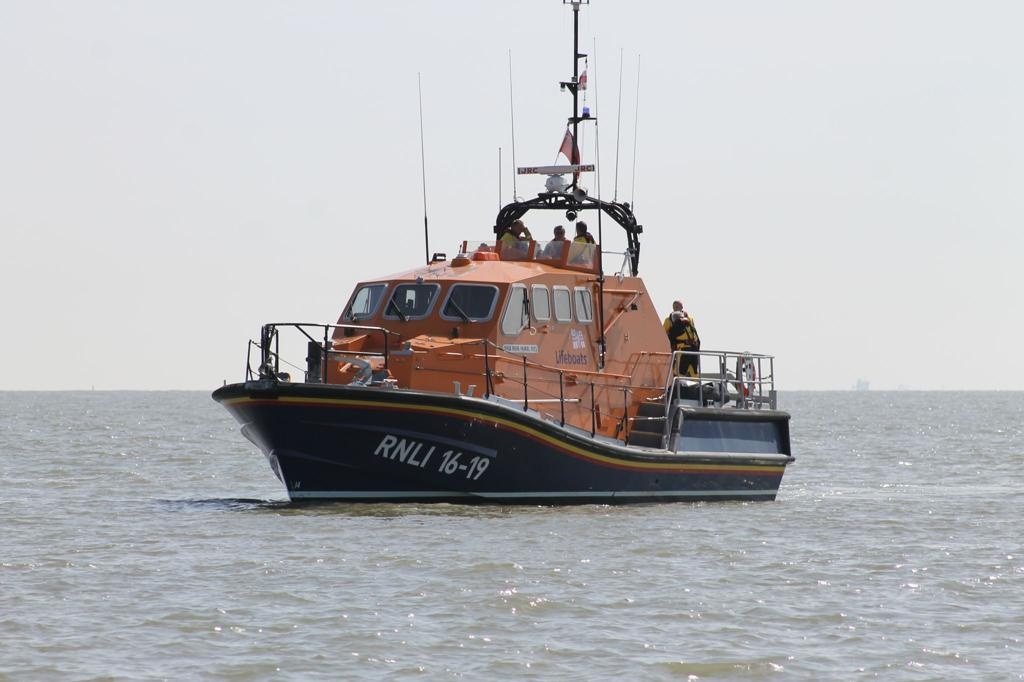 Port aspect of Tamar class lifeboat 16-19 Irene Muriel Rees at sea.