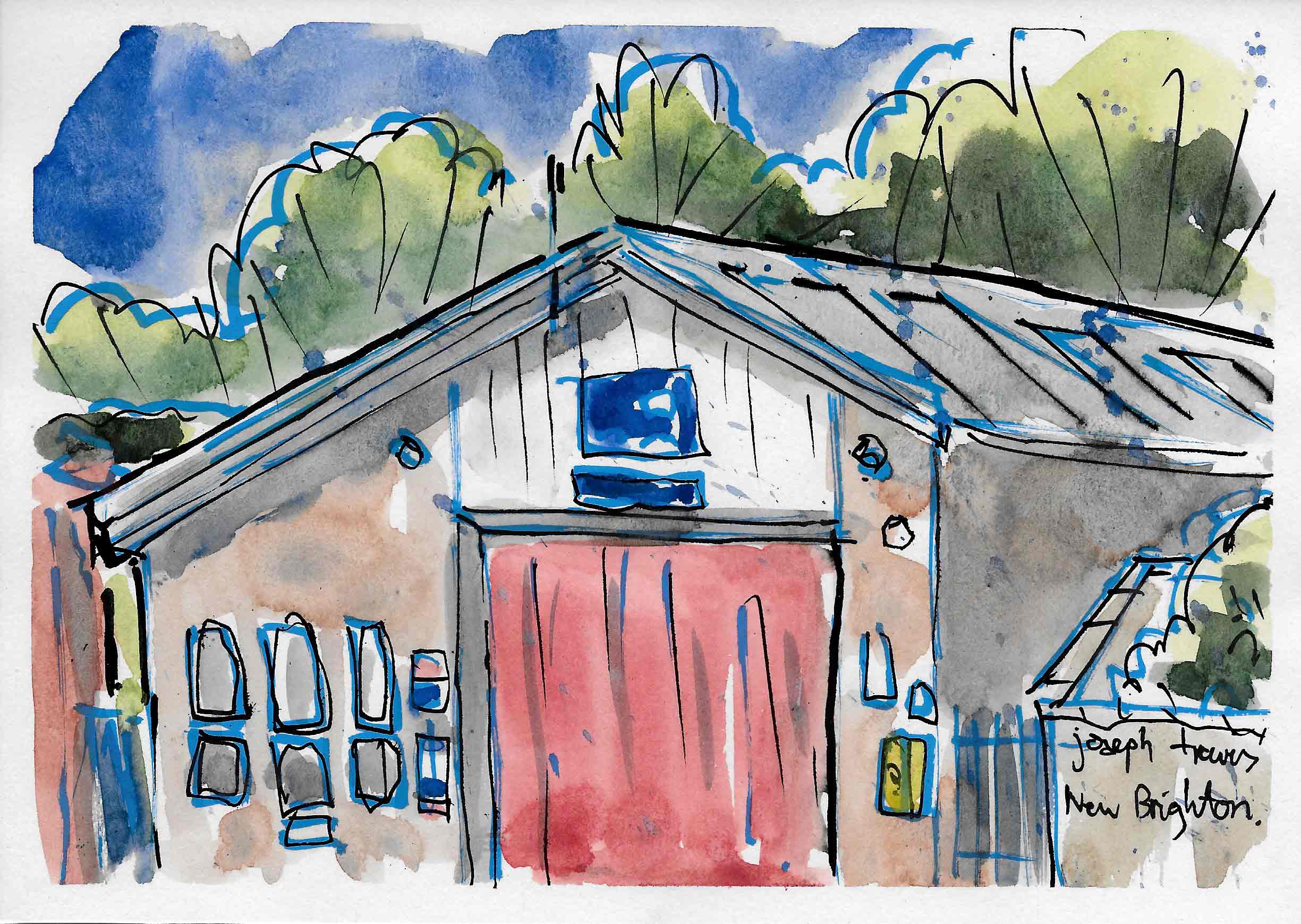 A hand-drawn rendition of the front of New Brighton Lifeboat Station.