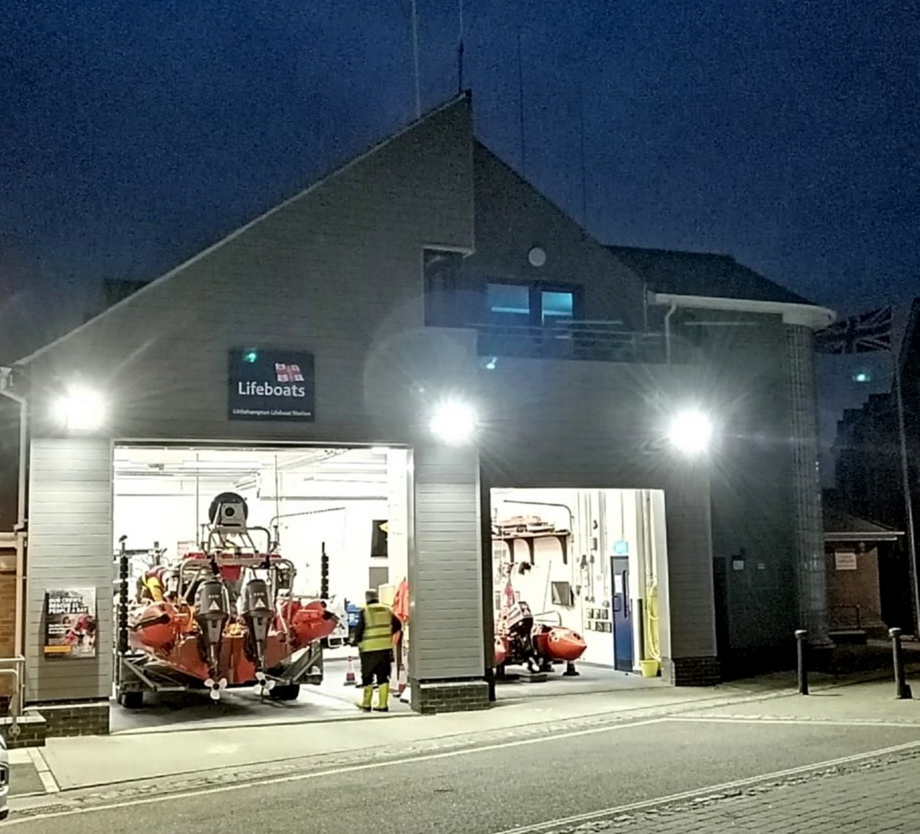 The Littlehampton RNLI volunteer crews preparing to launch to search for a potential person in the water as dusk draws in, 8 February 2022.